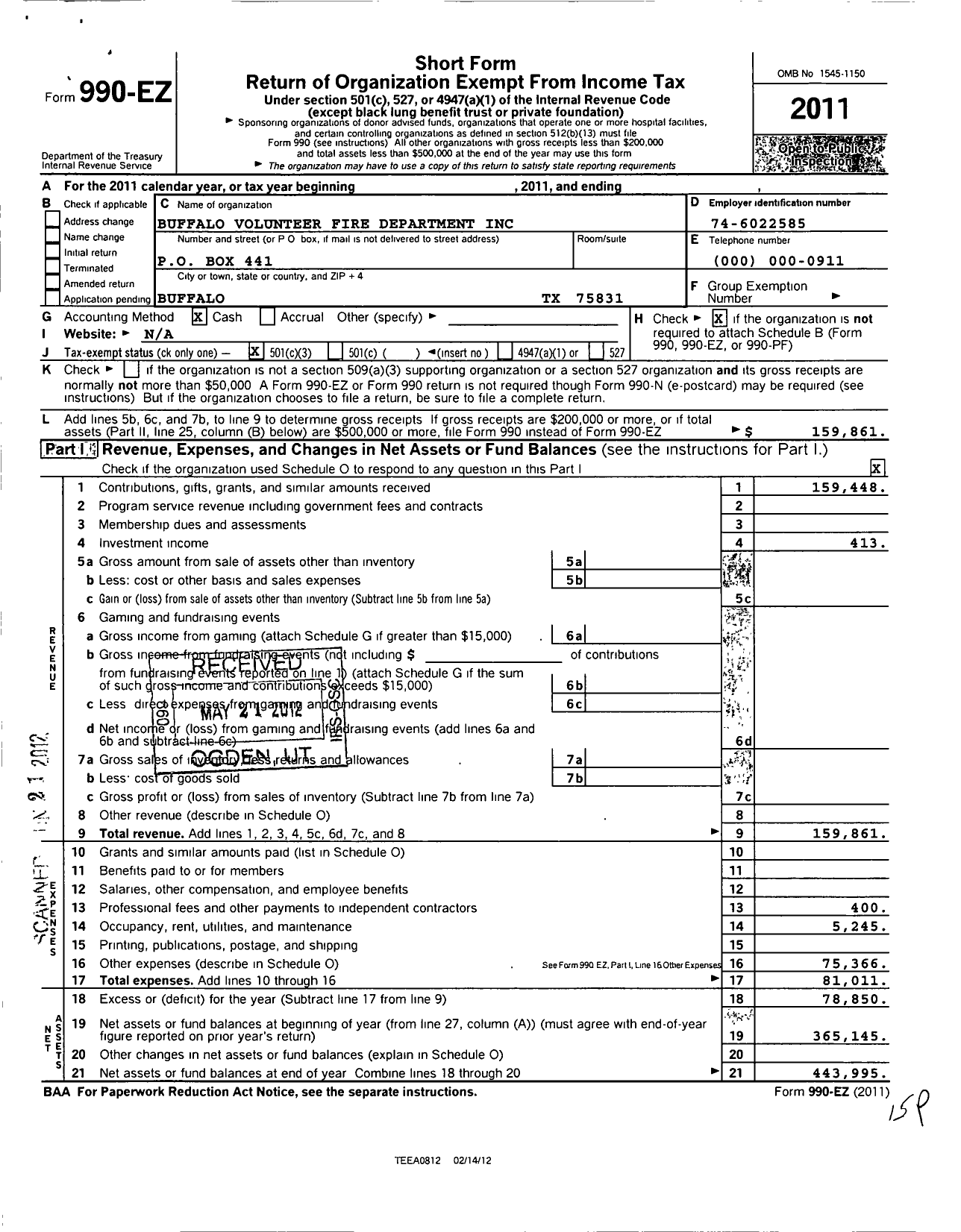 Image of first page of 2011 Form 990EZ for Buffalo Volunteer Fire Department