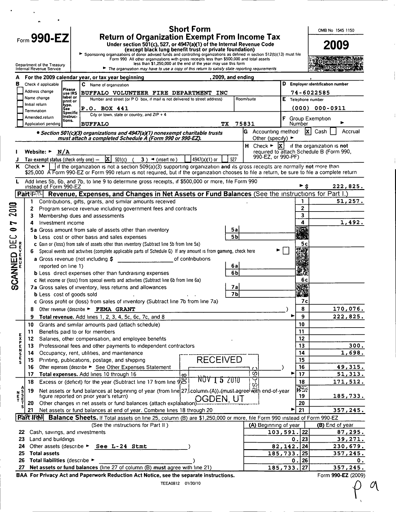 Image of first page of 2009 Form 990EZ for Buffalo Volunteer Fire Department