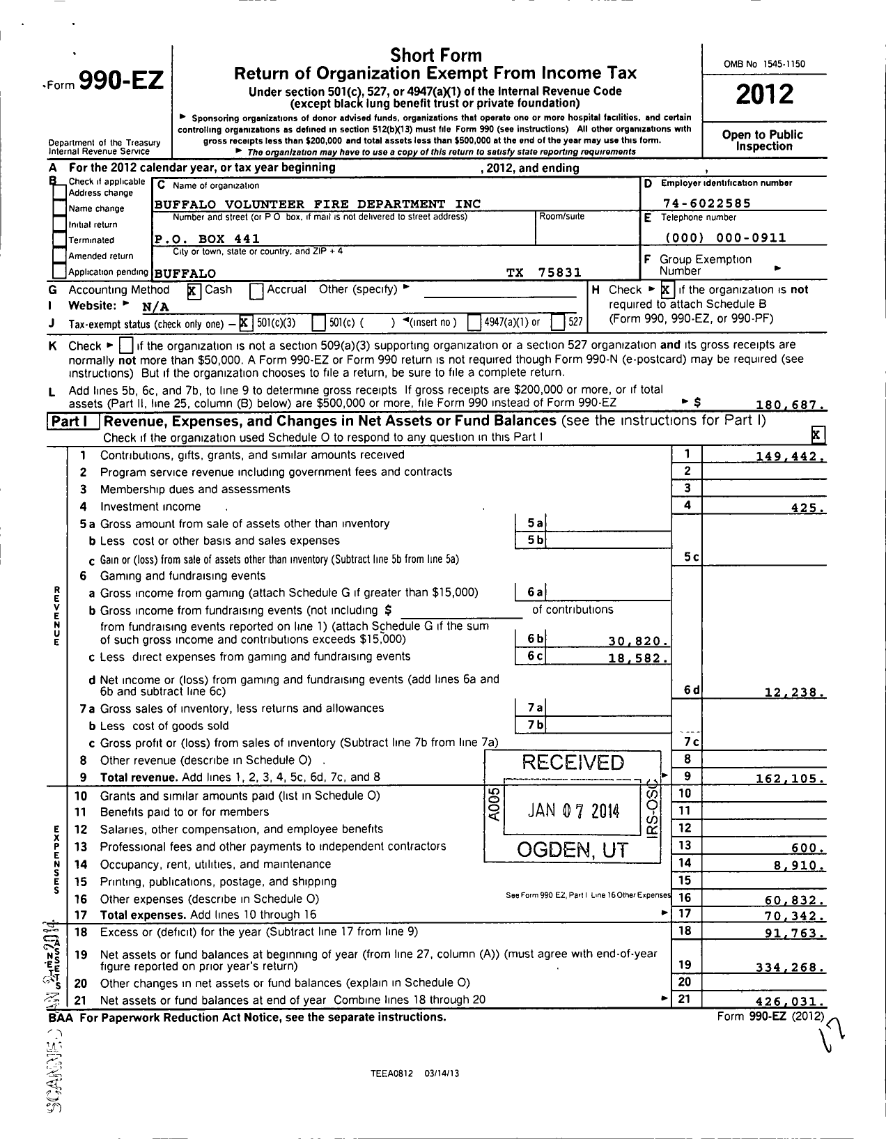 Image of first page of 2012 Form 990EZ for Buffalo Volunteer Fire Department