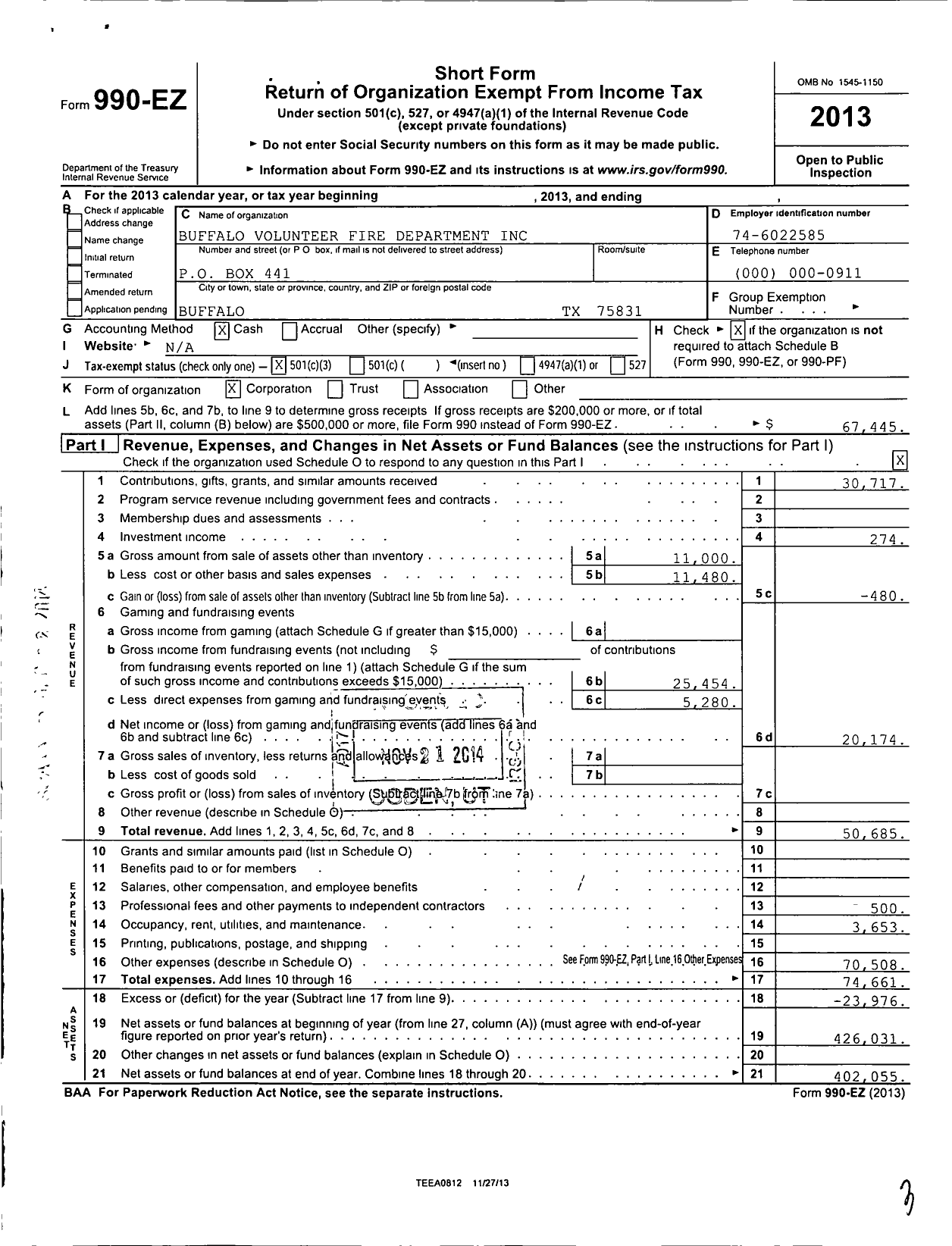 Image of first page of 2013 Form 990EZ for Buffalo Volunteer Fire Department