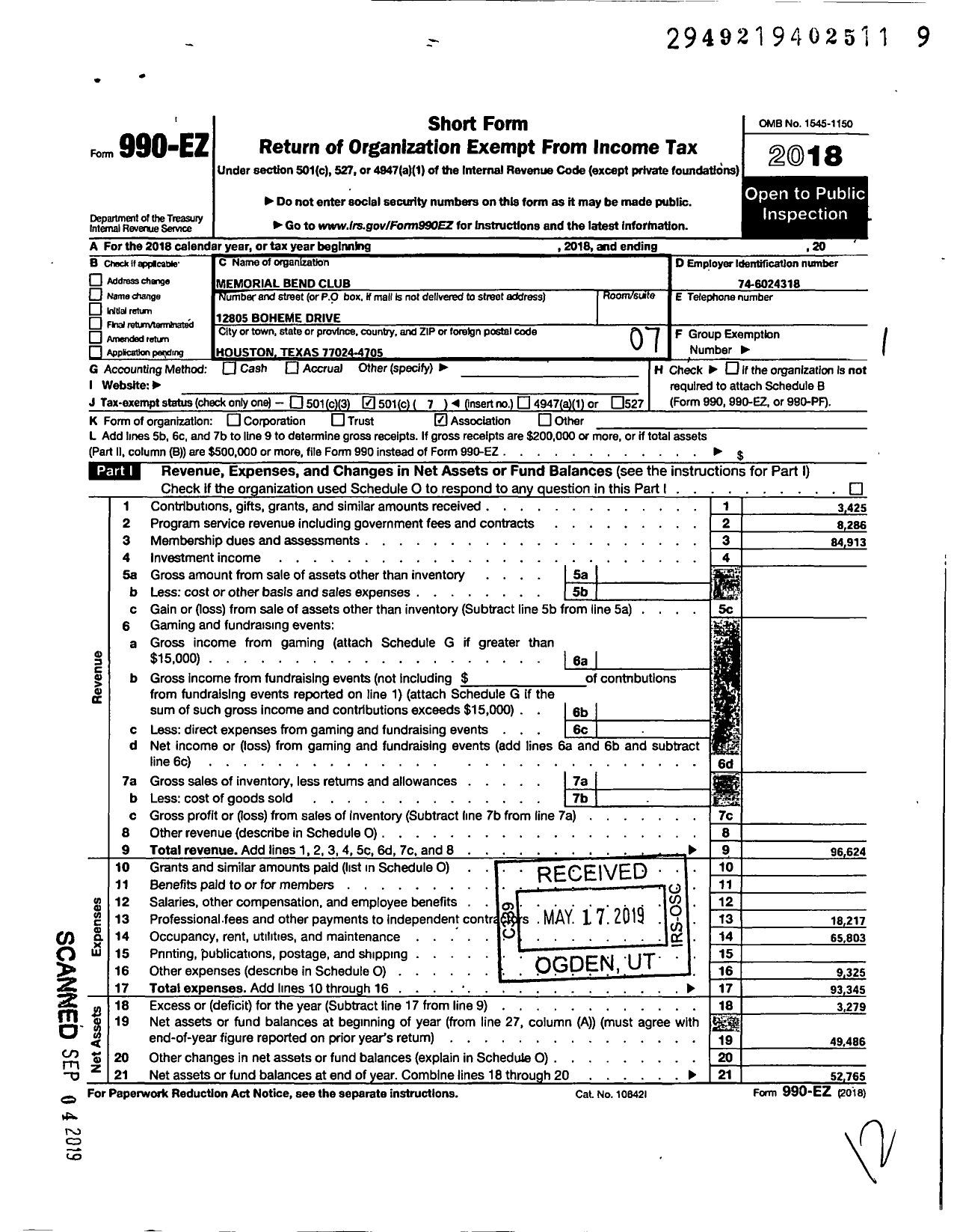 Image of first page of 2018 Form 990EO for The Memorial Bend Club