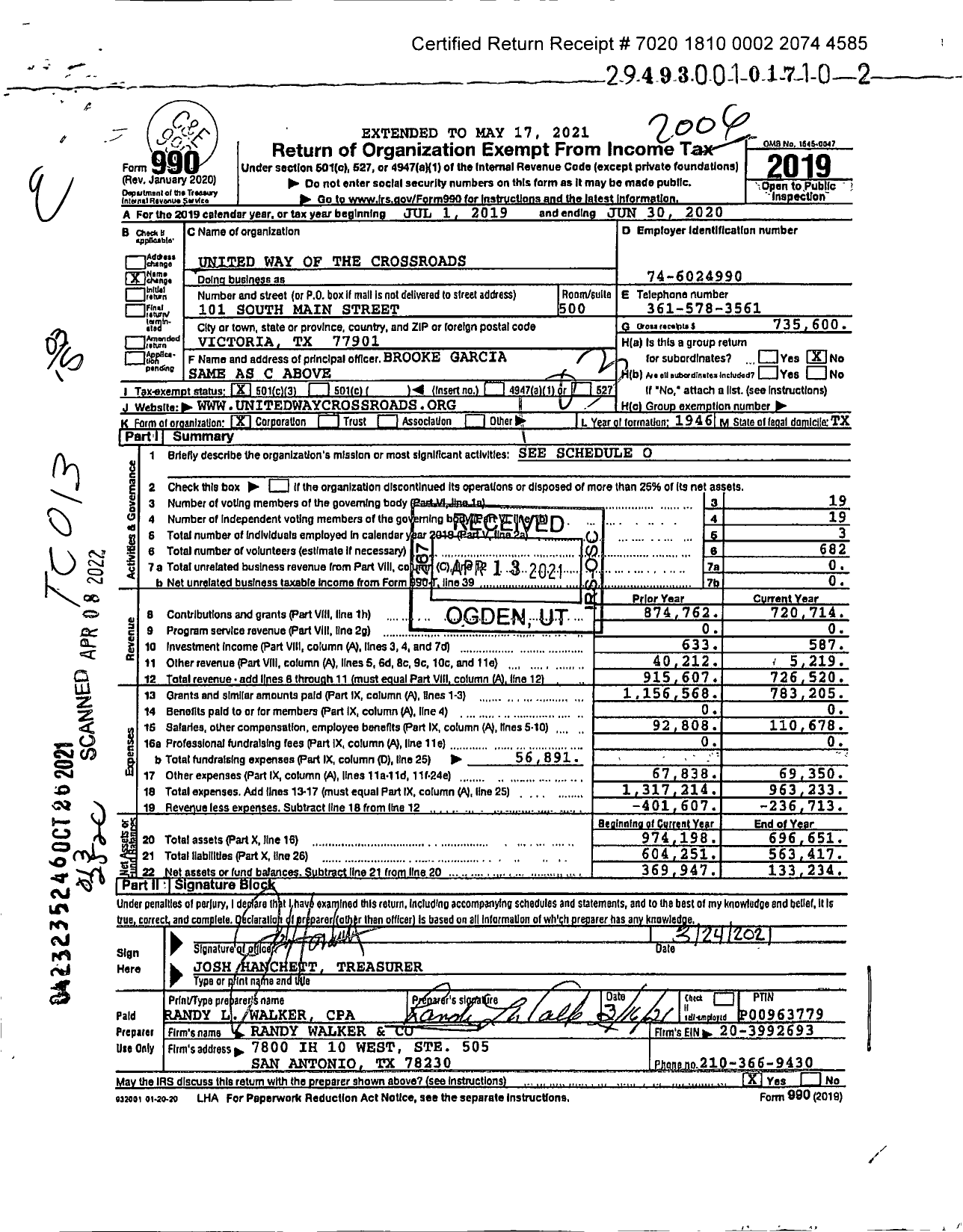 Image of first page of 2019 Form 990 for United Way of the Crossroads