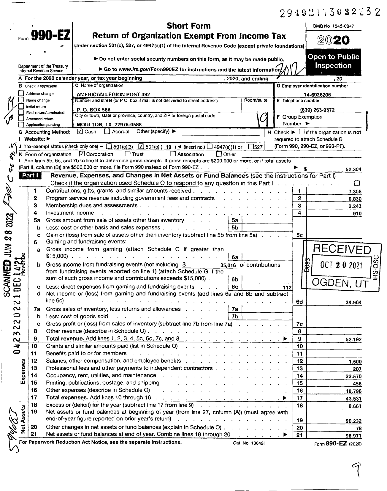 Image of first page of 2020 Form 990EO for American Legion - 392 Geier-Merrem