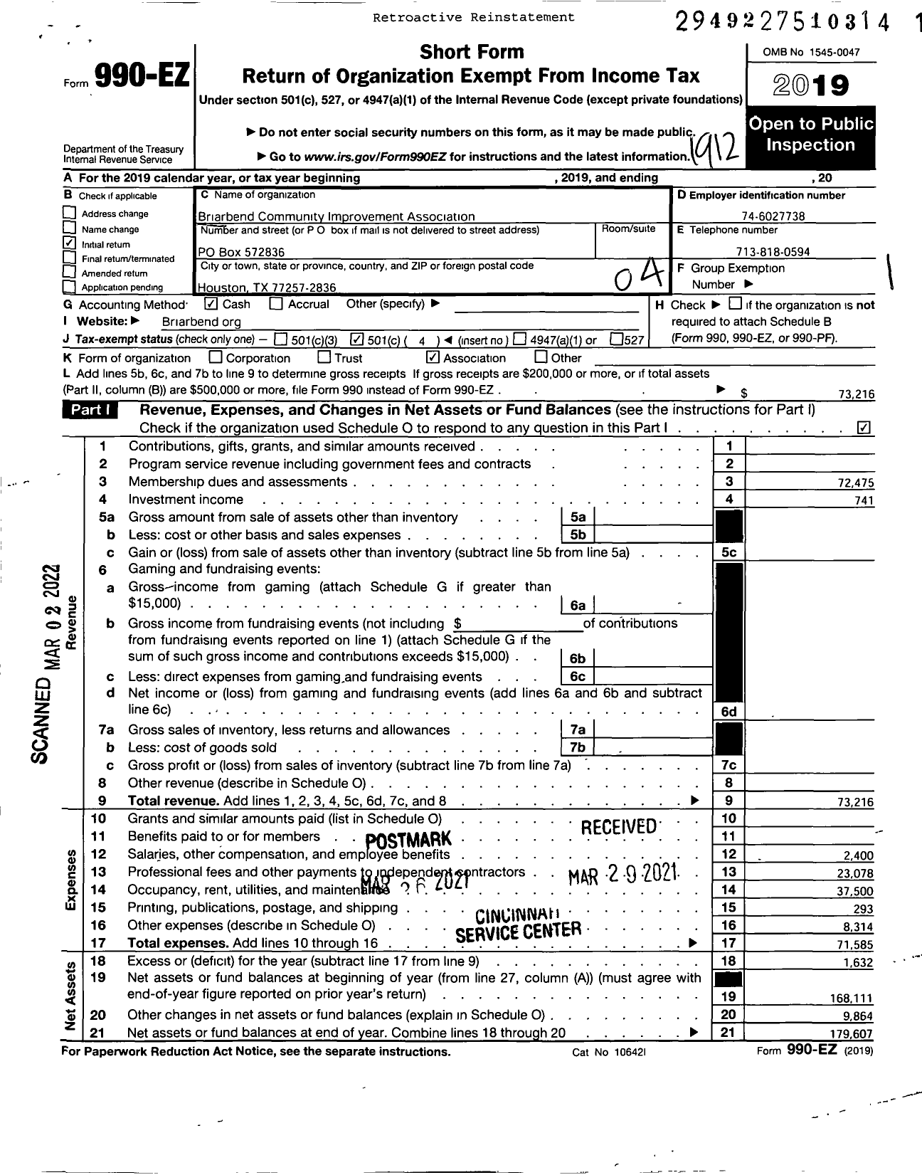 Image of first page of 2019 Form 990EO for Briarbend Community Improvement Association