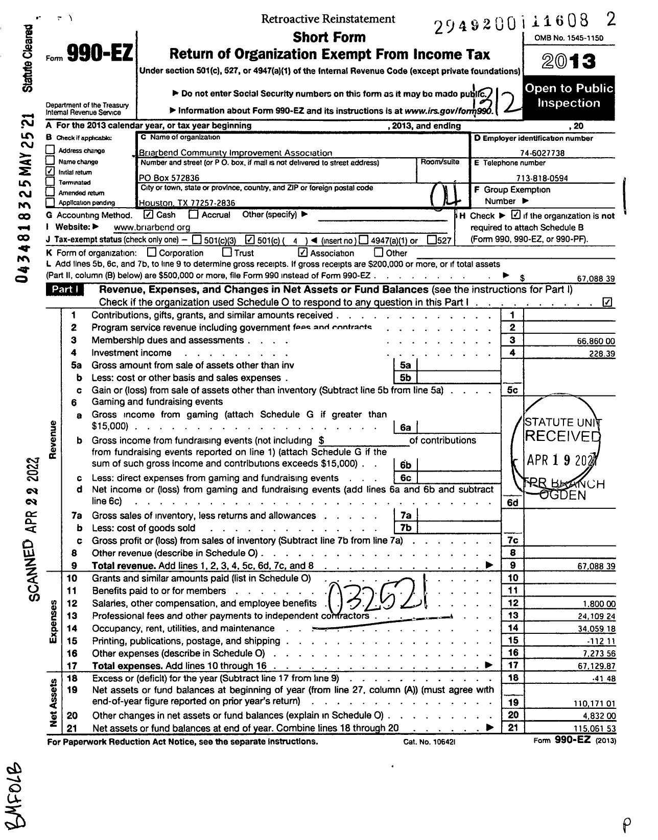 Image of first page of 2013 Form 990EO for Briarbend Community Improvement Association