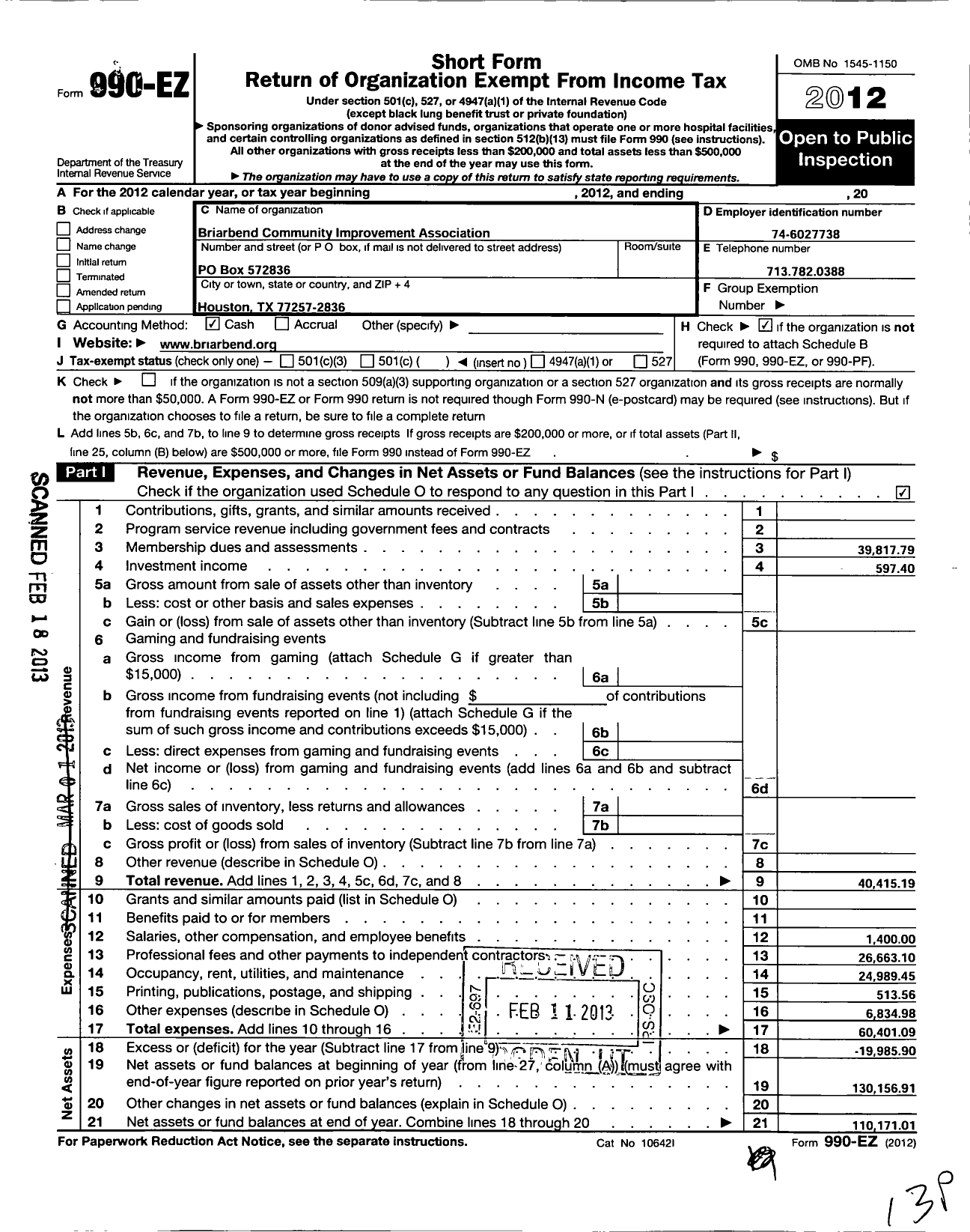 Image of first page of 2012 Form 990EO for Briarbend Community Improvement Association