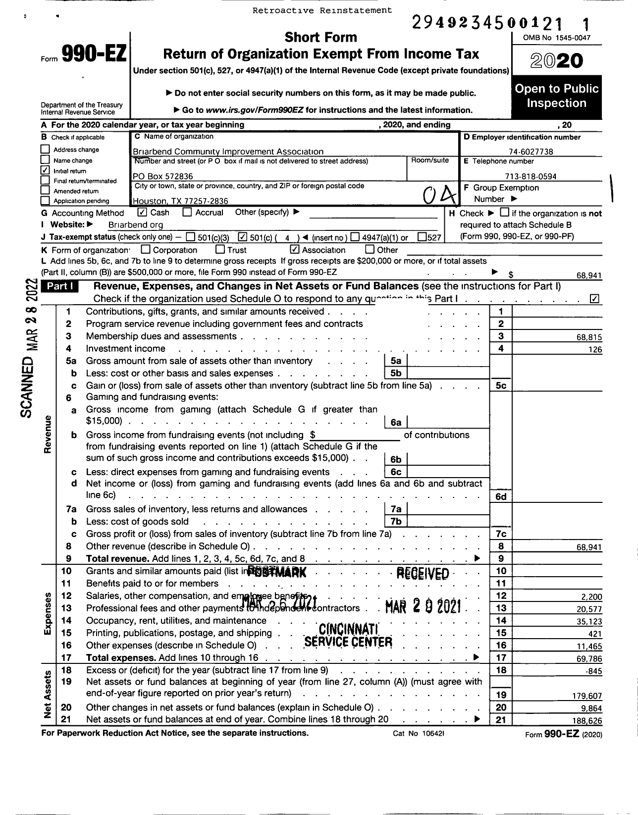 Image of first page of 2020 Form 990EO for Briarbend Community Improvement Association