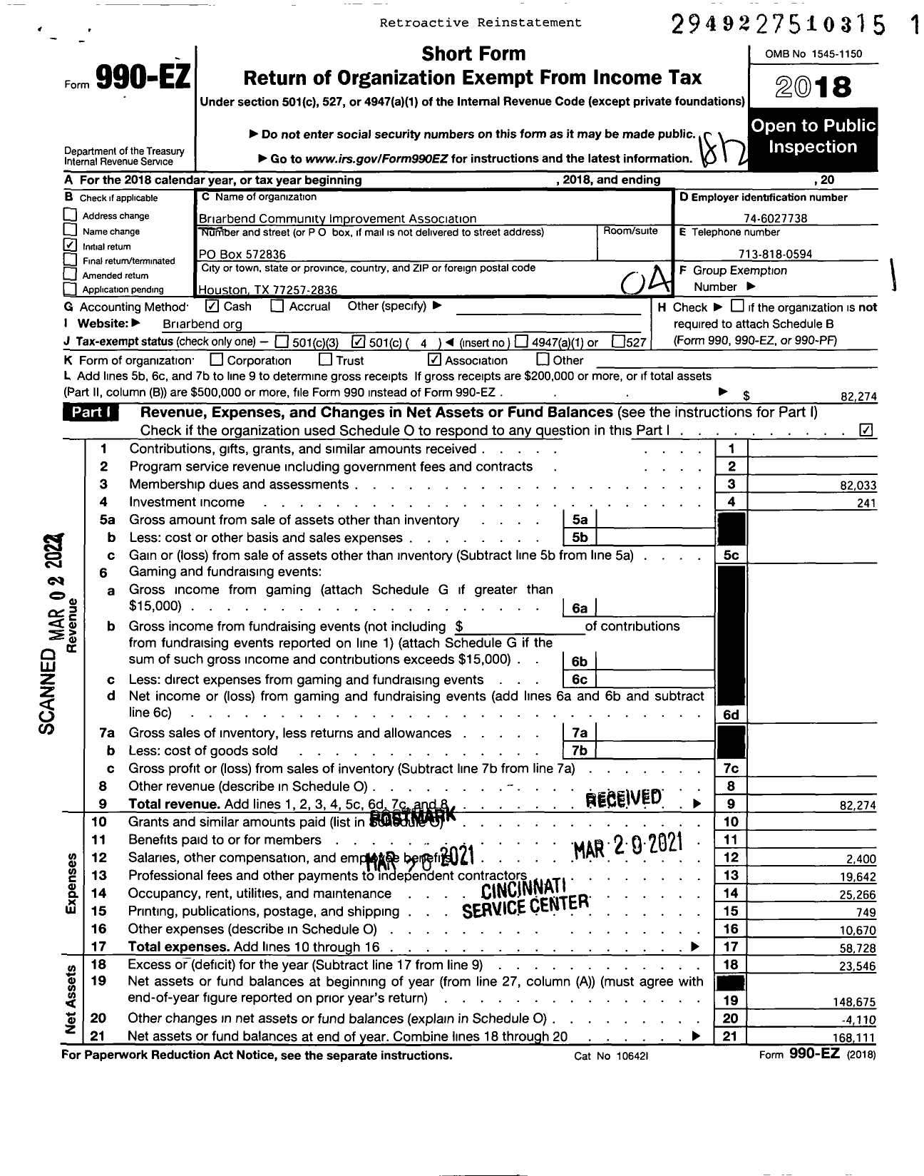 Image of first page of 2018 Form 990EO for Briarbend Community Improvement Association