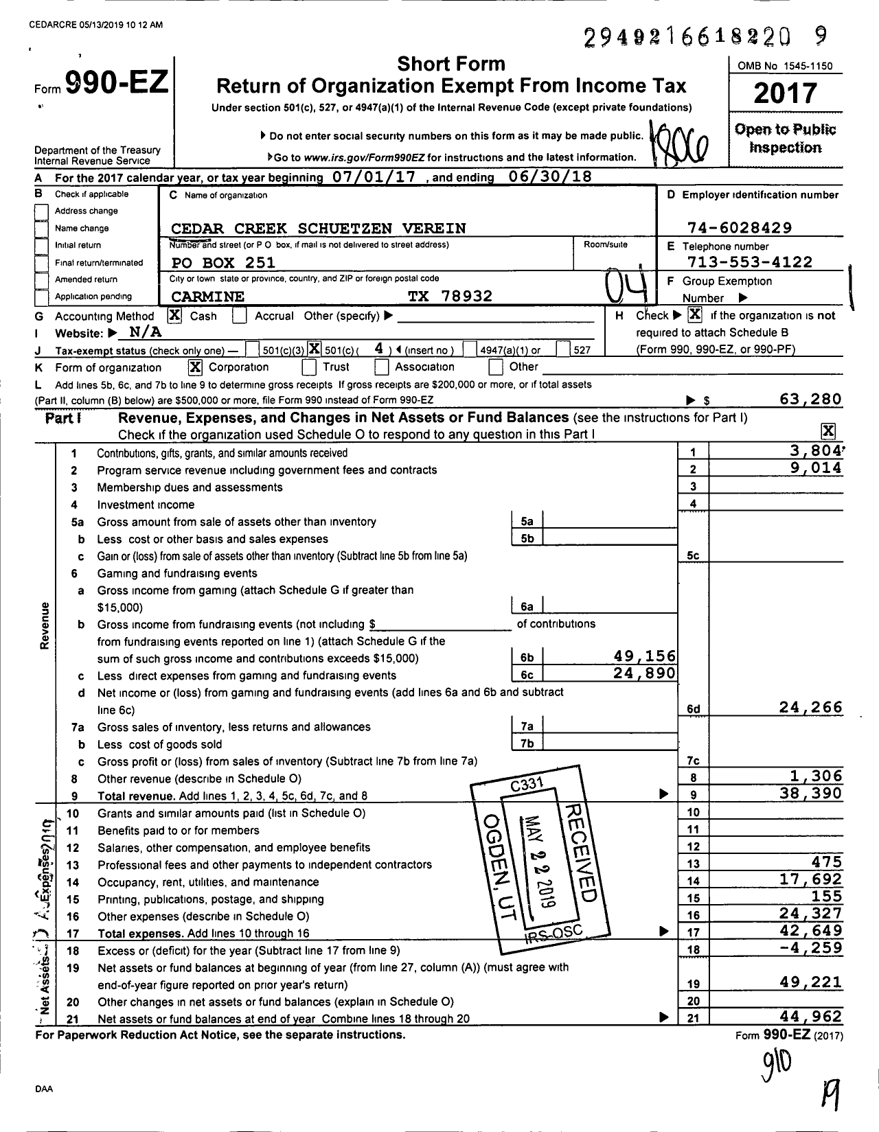 Image of first page of 2017 Form 990EO for Cedar Creek Schuetzen Verein