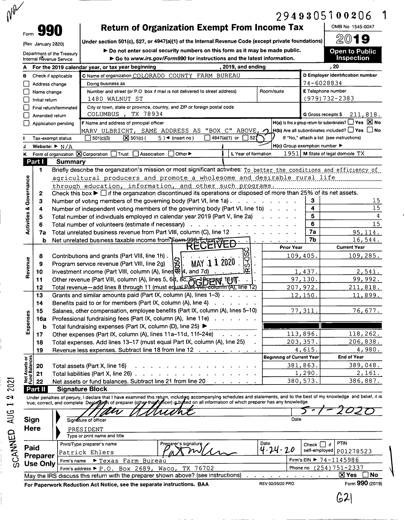 Image of first page of 2019 Form 990 for Colorado County Farm Bureau