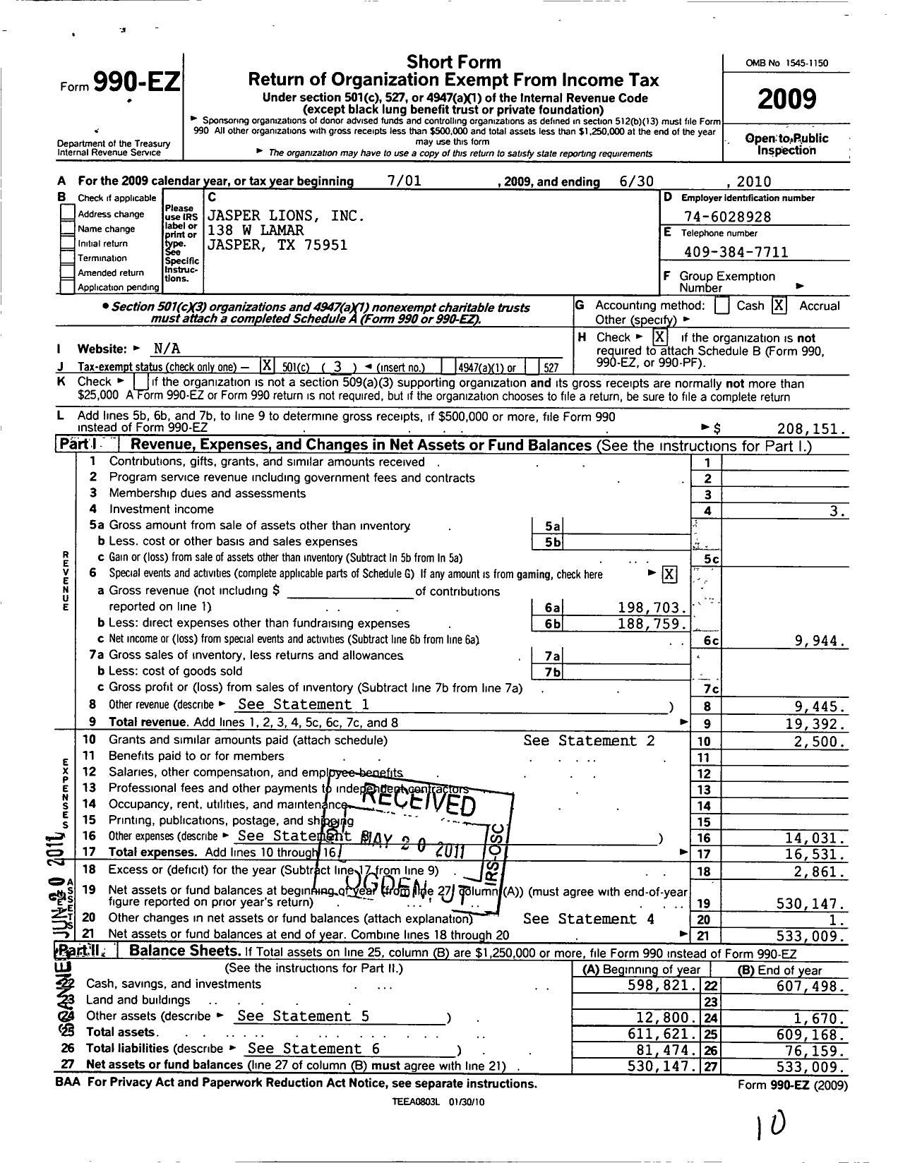 Image of first page of 2009 Form 990EZ for Jasper Lions Incorporated