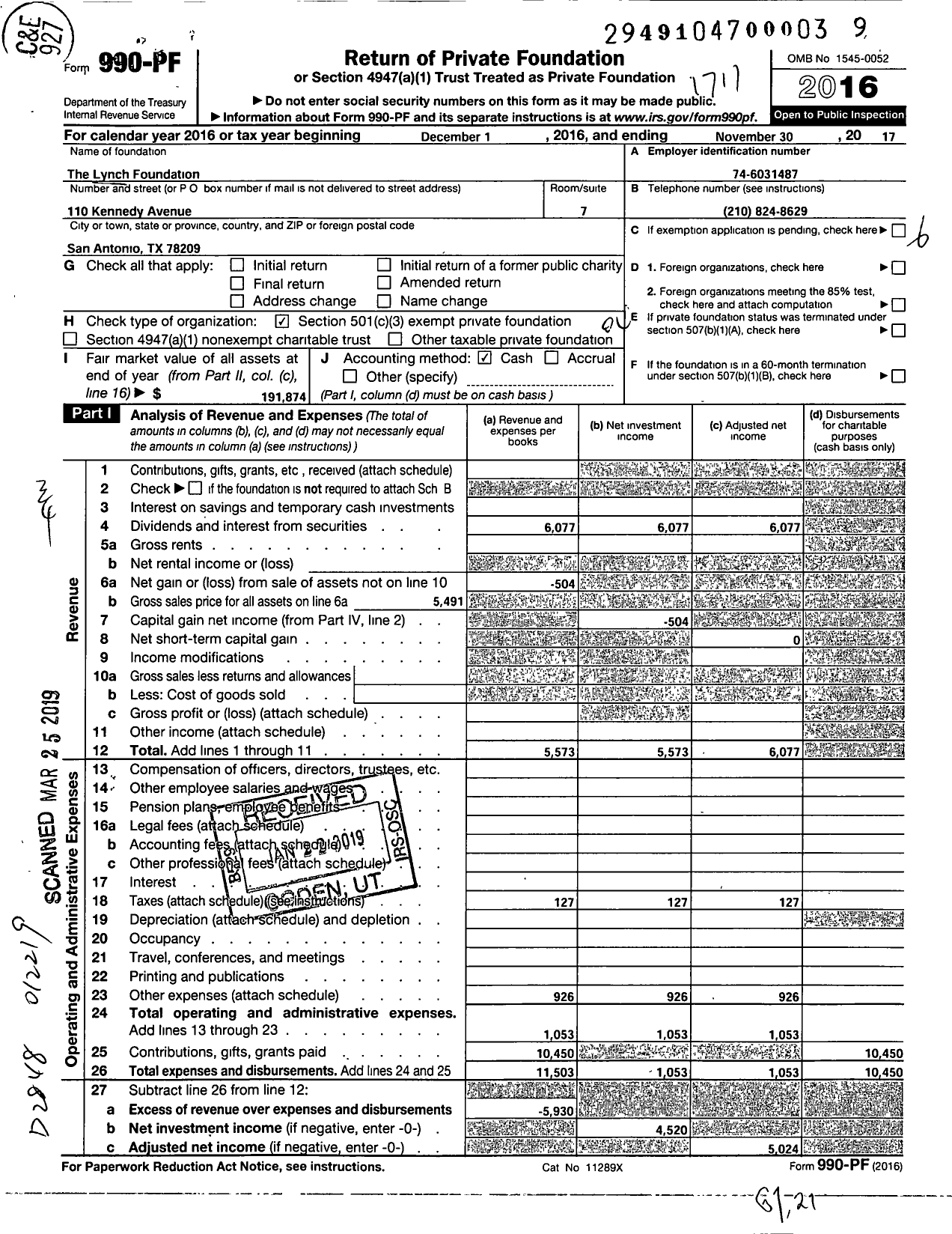 Image of first page of 2016 Form 990PF for The Lynch Foundation
