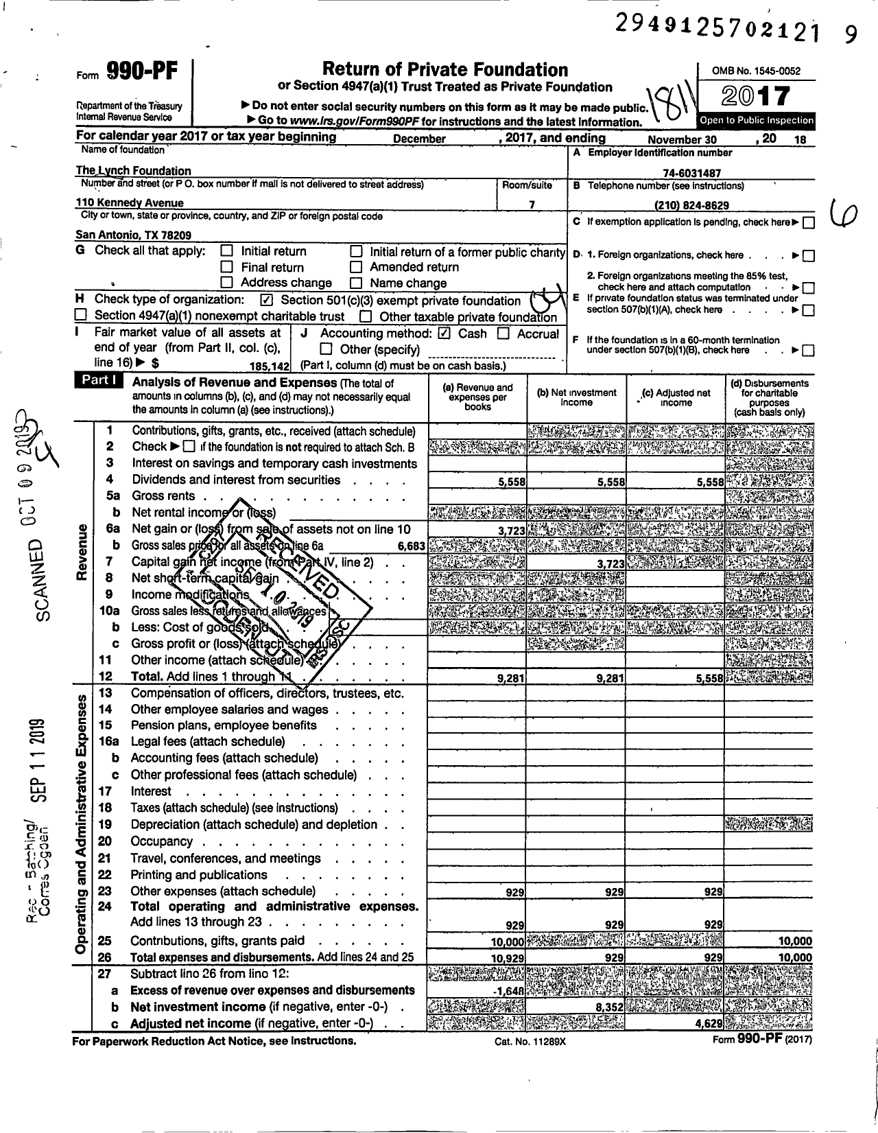 Image of first page of 2017 Form 990PF for The Lynch Foundation