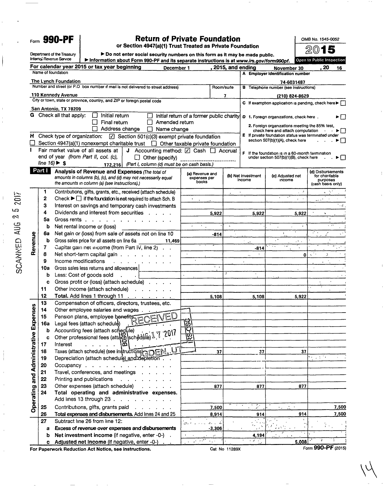 Image of first page of 2015 Form 990PF for The Lynch Foundation