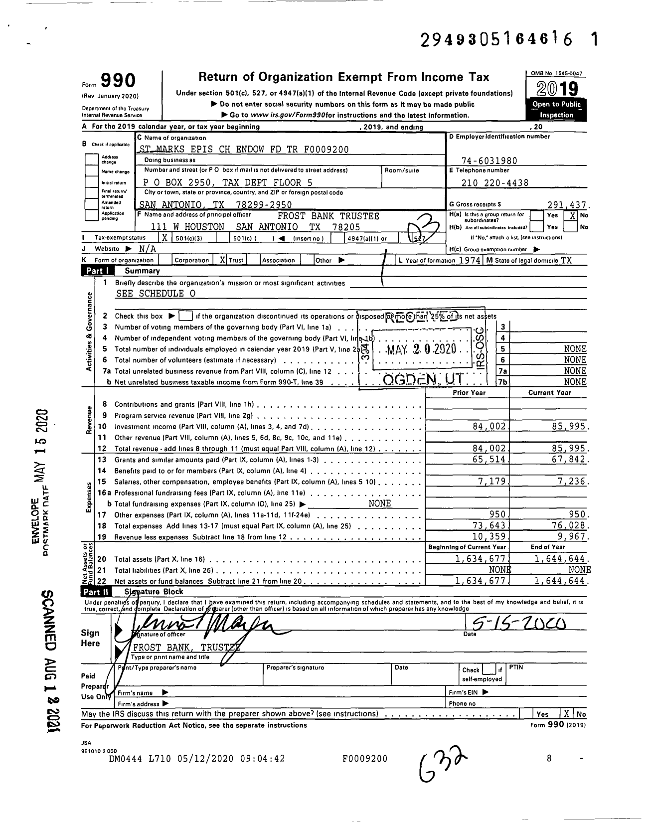 Image of first page of 2019 Form 990 for St Marks Epis CH Endow FD TR F0009200