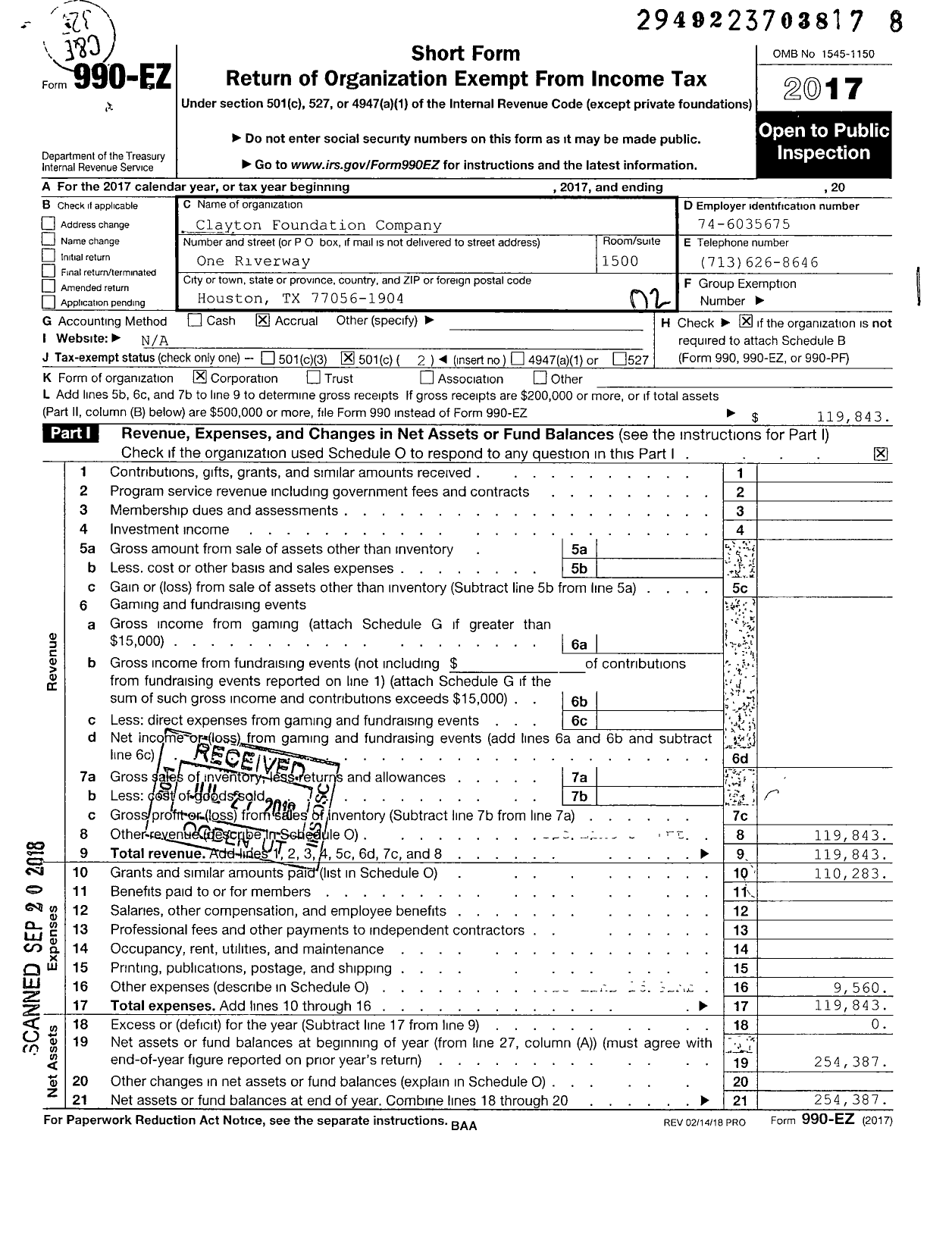 Image of first page of 2017 Form 990EO for Clayton Foundation Company