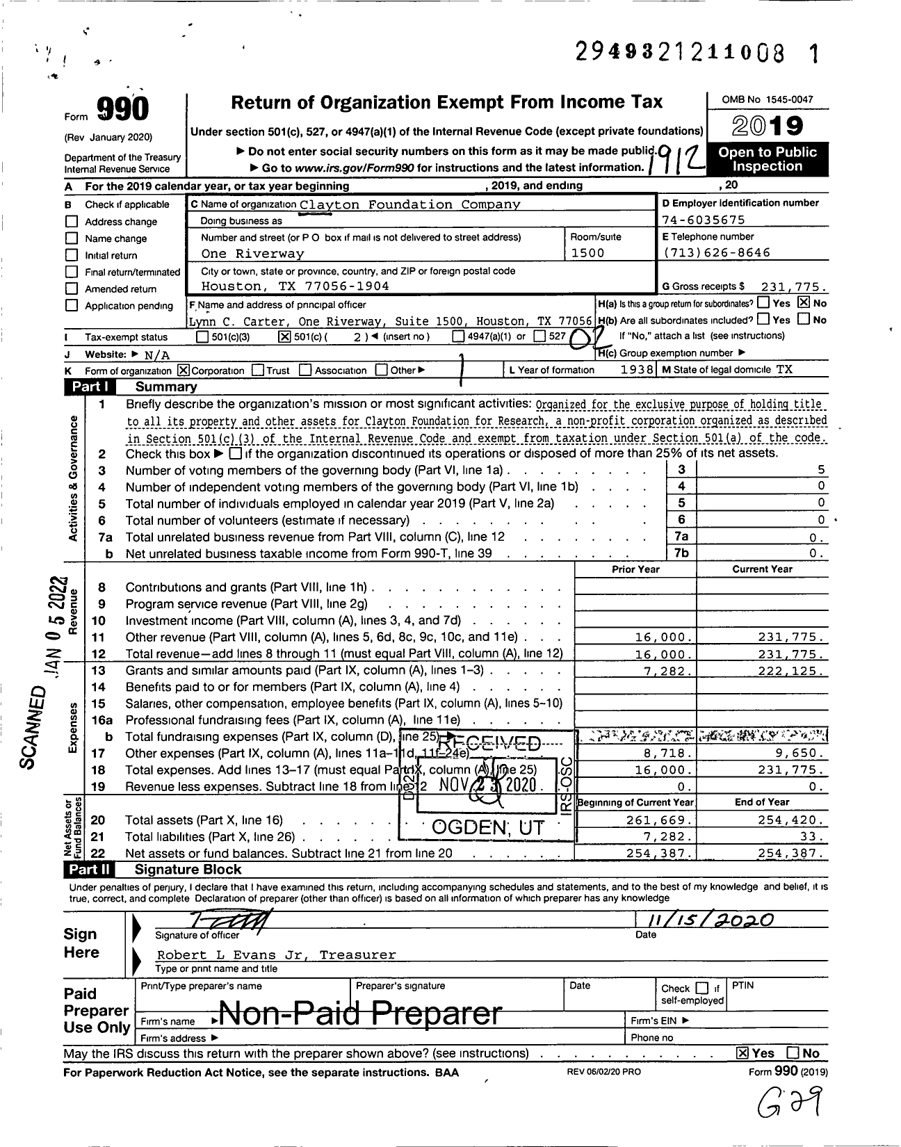 Image of first page of 2019 Form 990O for Clayton Foundation Company