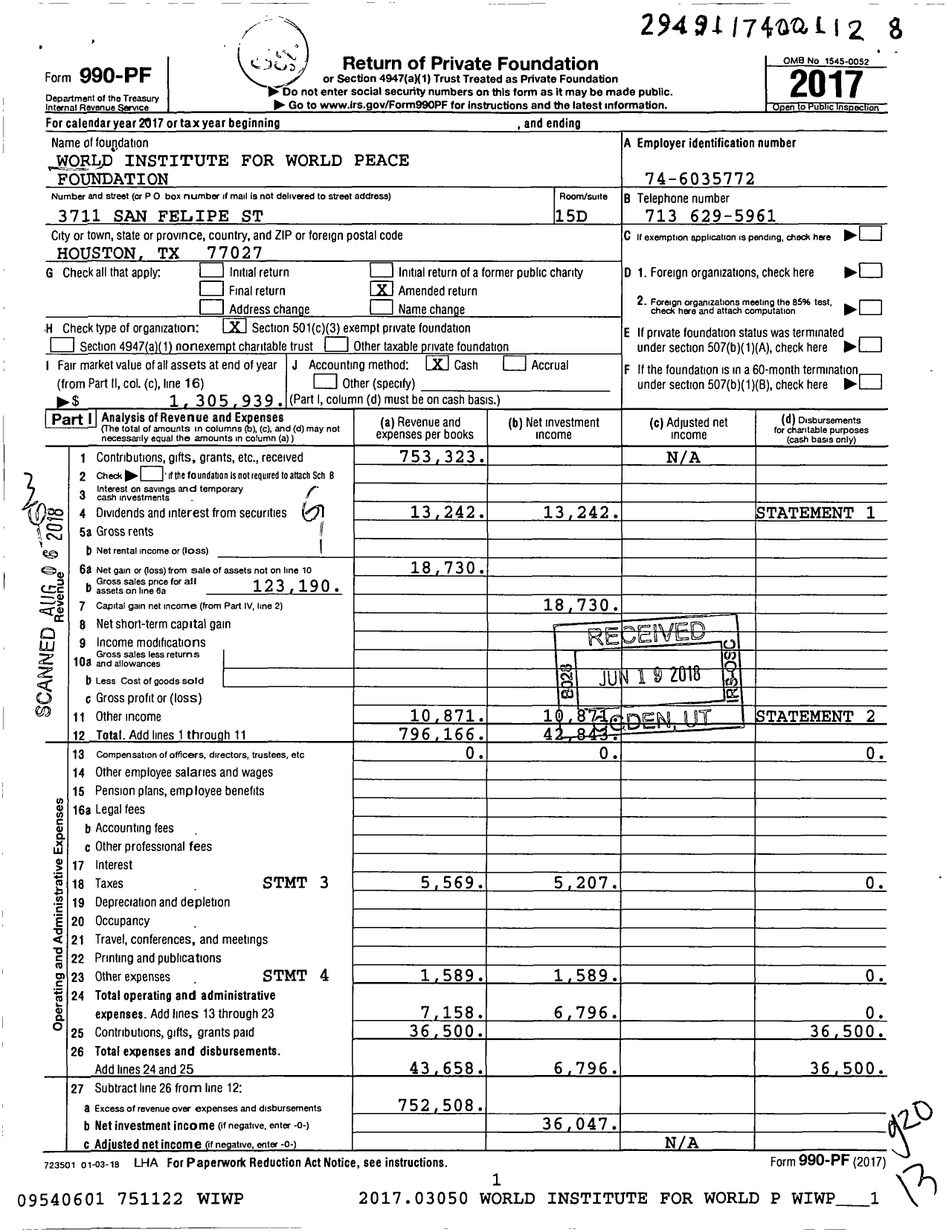 Image of first page of 2017 Form 990PF for World Institute for World Peace Foundation