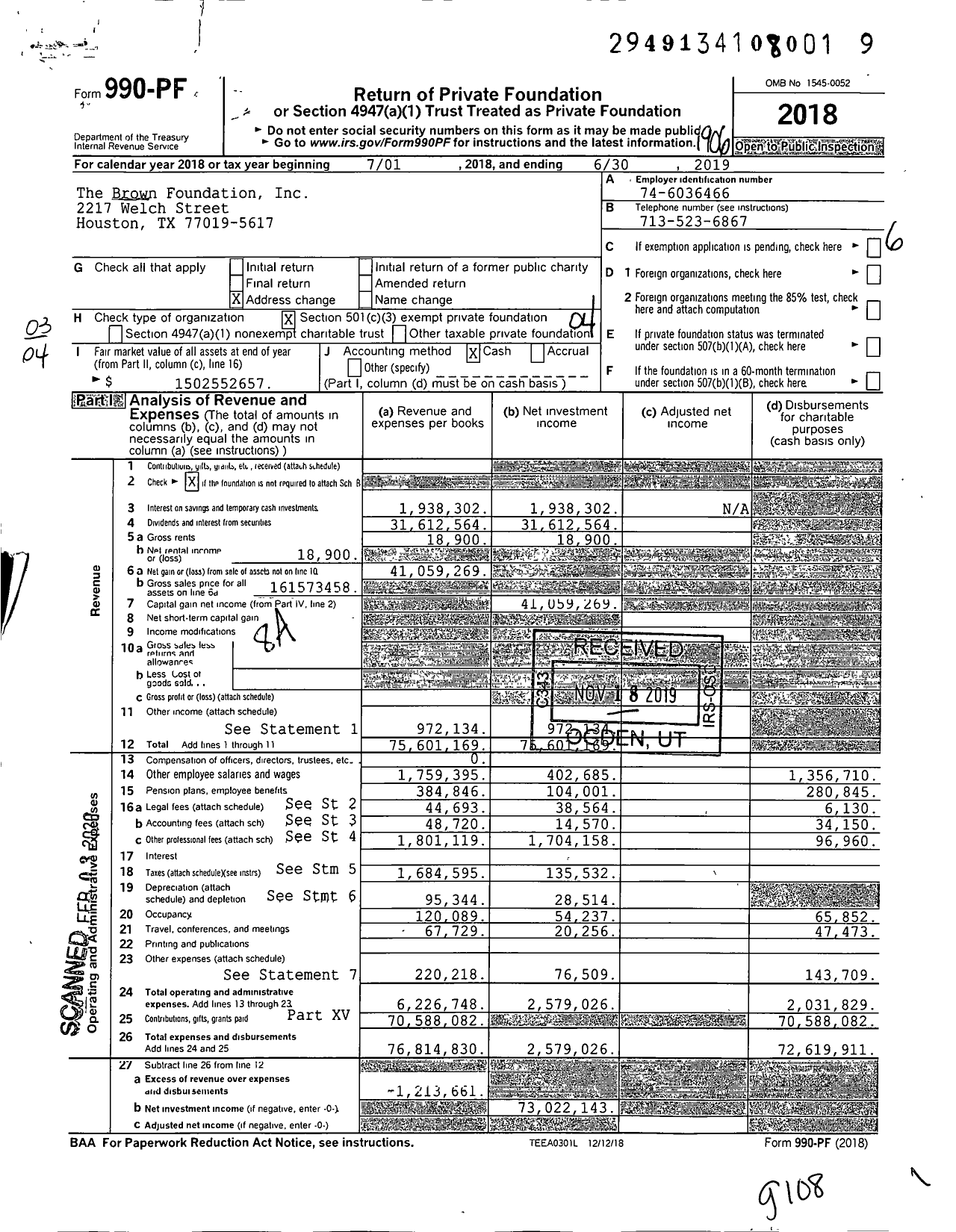 Image of first page of 2018 Form 990PF for The Brown Foundation