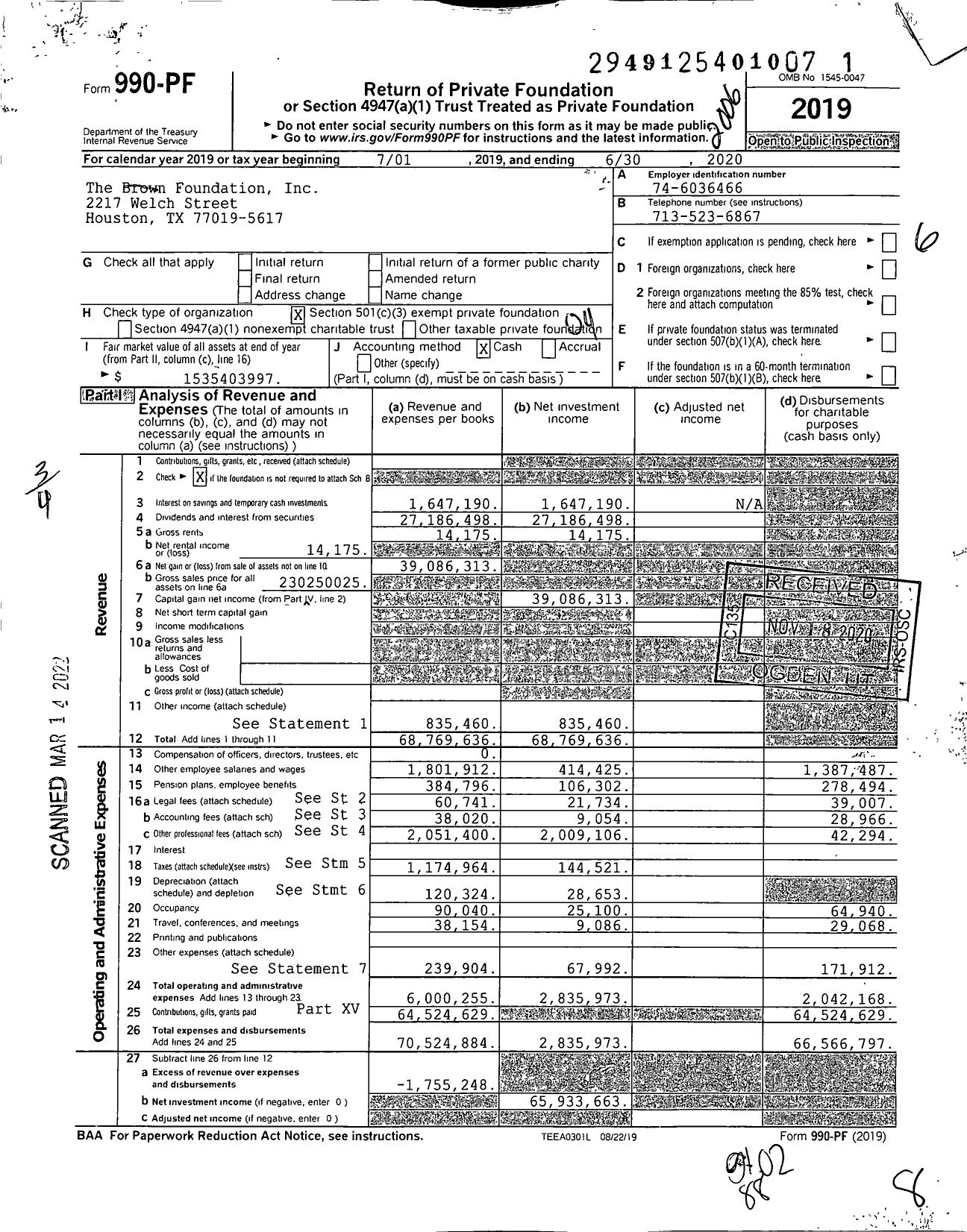 Image of first page of 2019 Form 990PF for The Brown Foundation