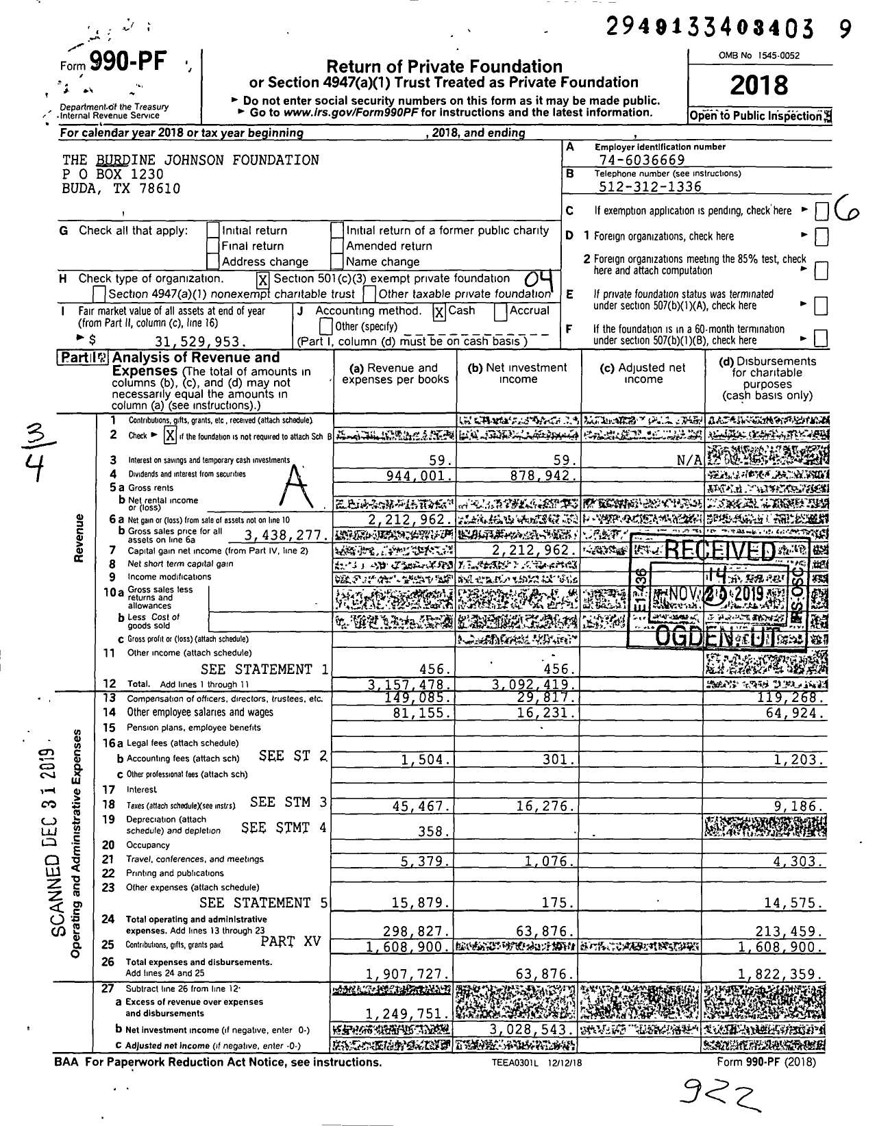 Image of first page of 2018 Form 990PF for The Burdine Johnson Foundation