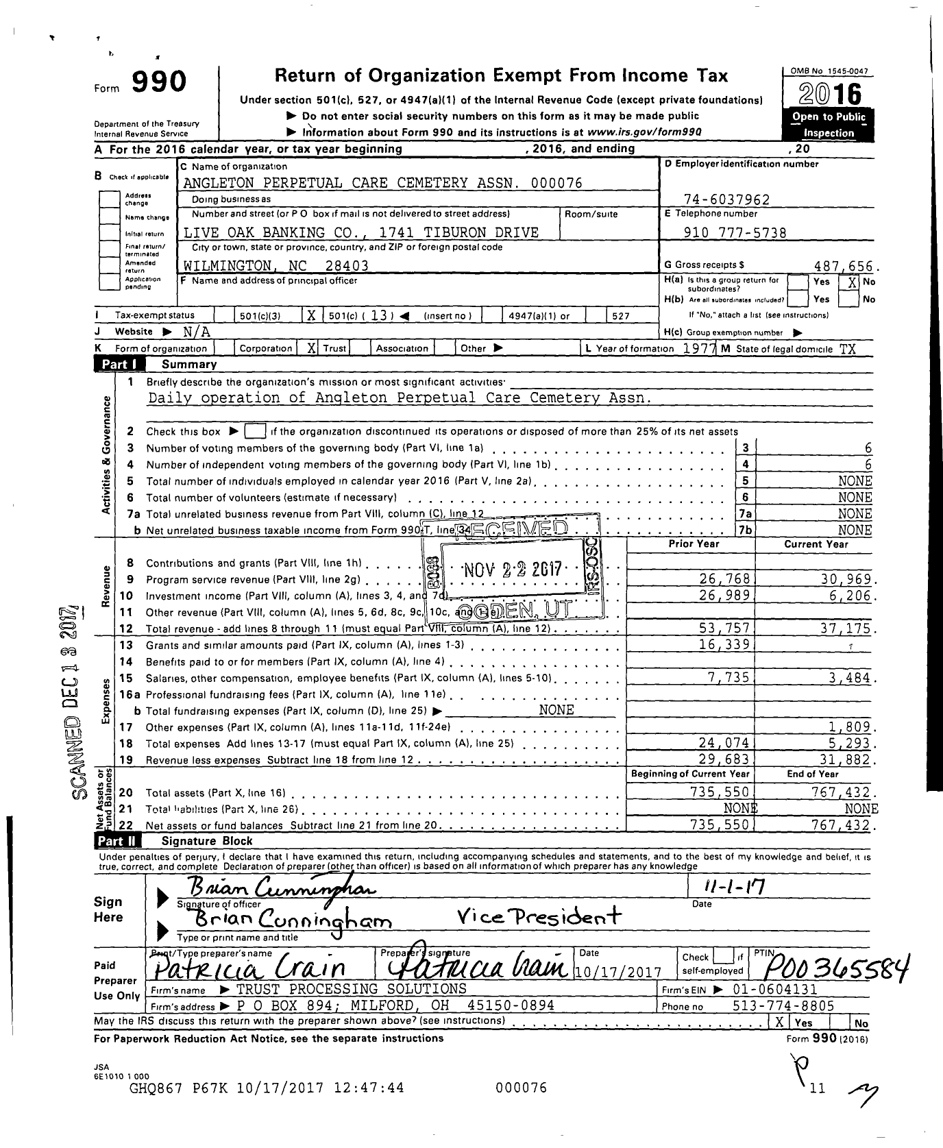 Image of first page of 2016 Form 990O for Angleton Perpetual Care Cemetery Association