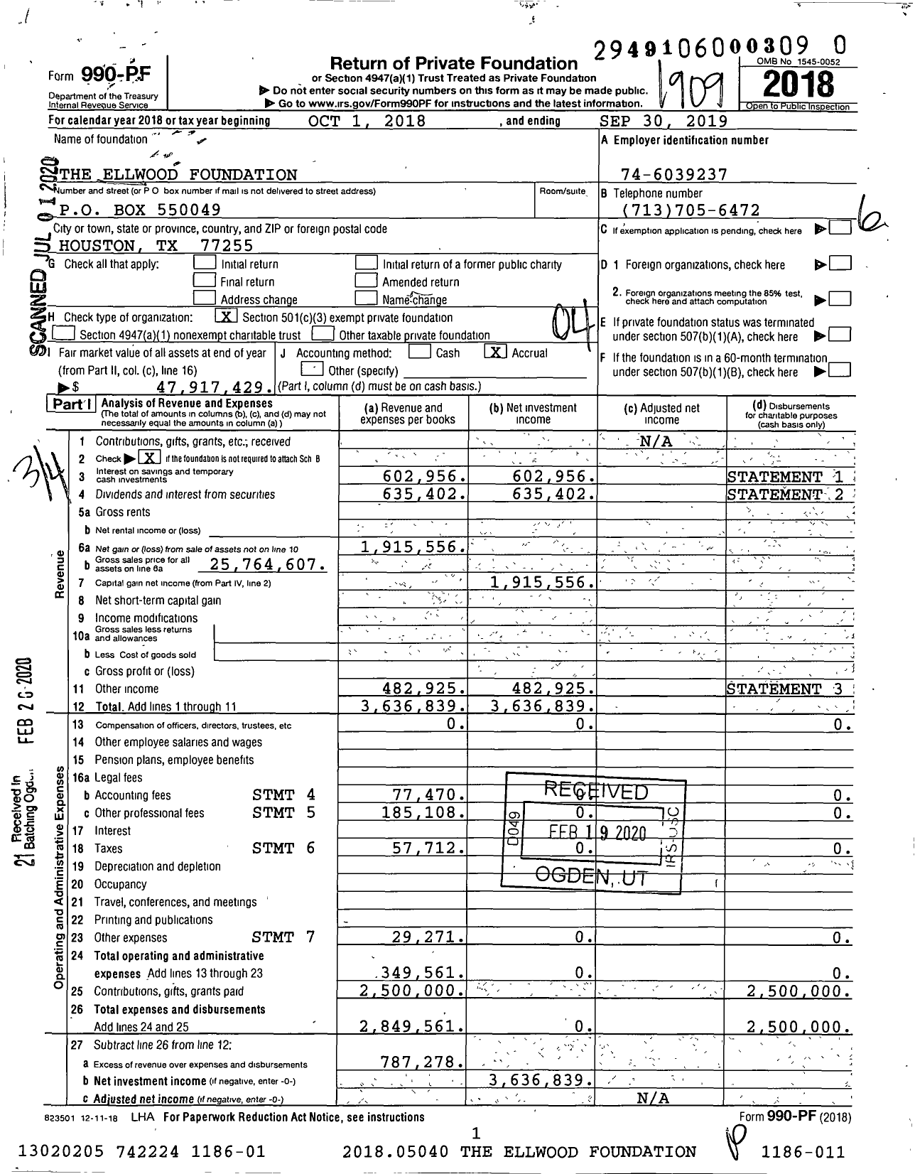 Image of first page of 2018 Form 990PR for The Ellwood Foundation