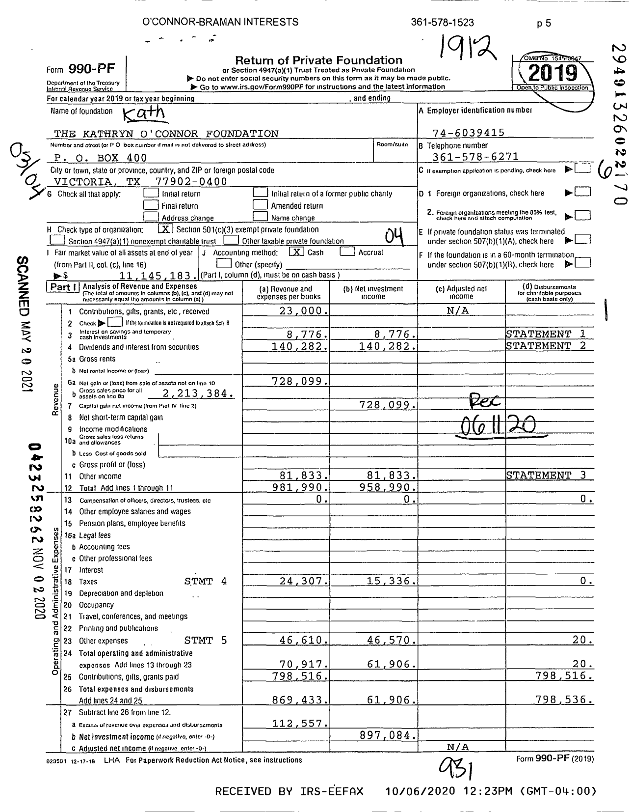 Image of first page of 2019 Form 990PF for The Kathryn O'Connor Foundation