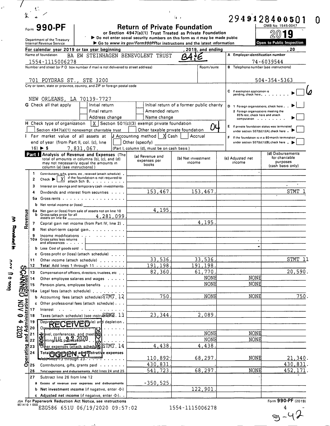 Image of first page of 2019 Form 990PF for Ba and Ew Steinhagen Benevolent Trust