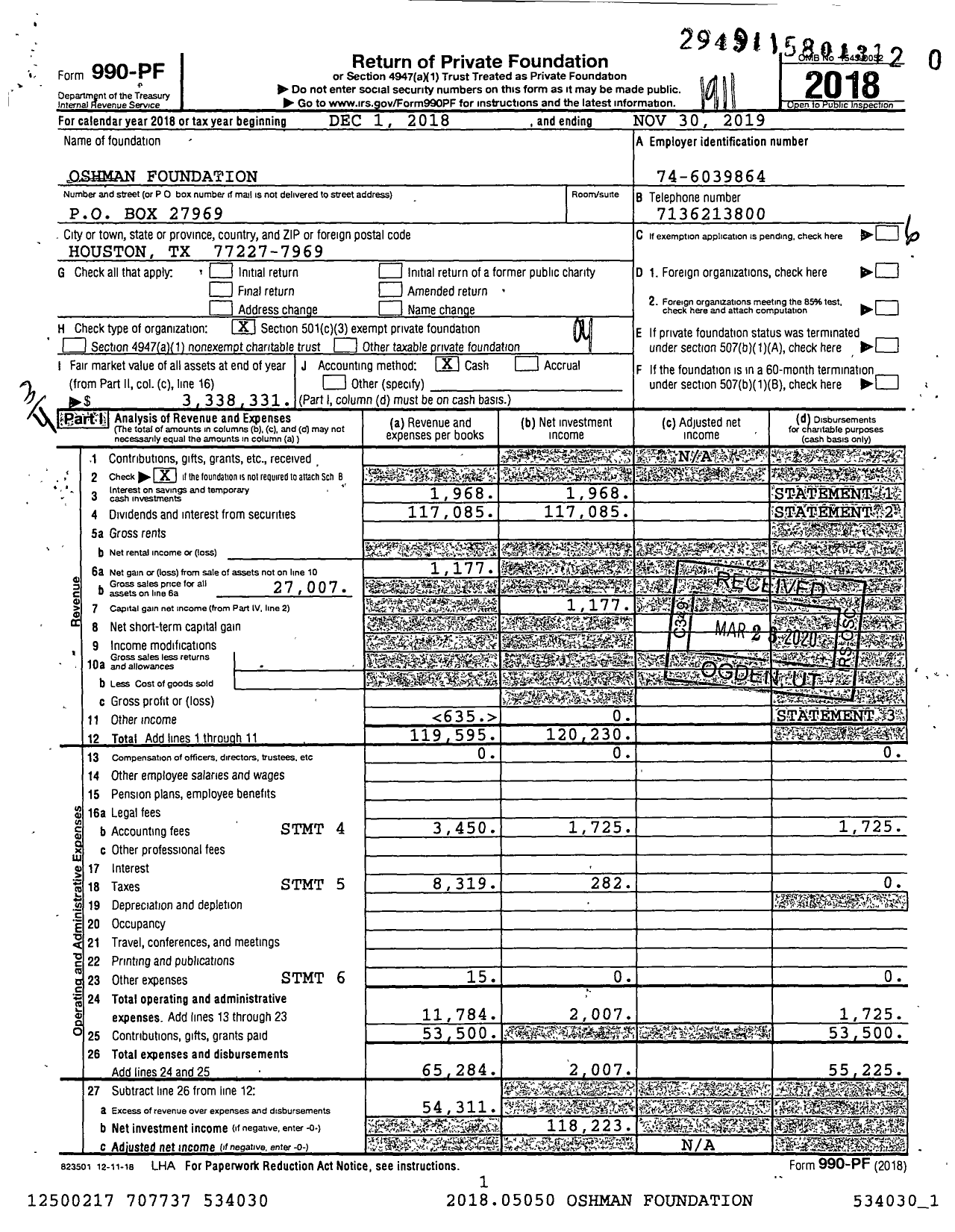 Image of first page of 2018 Form 990PR for Oshman Foundation