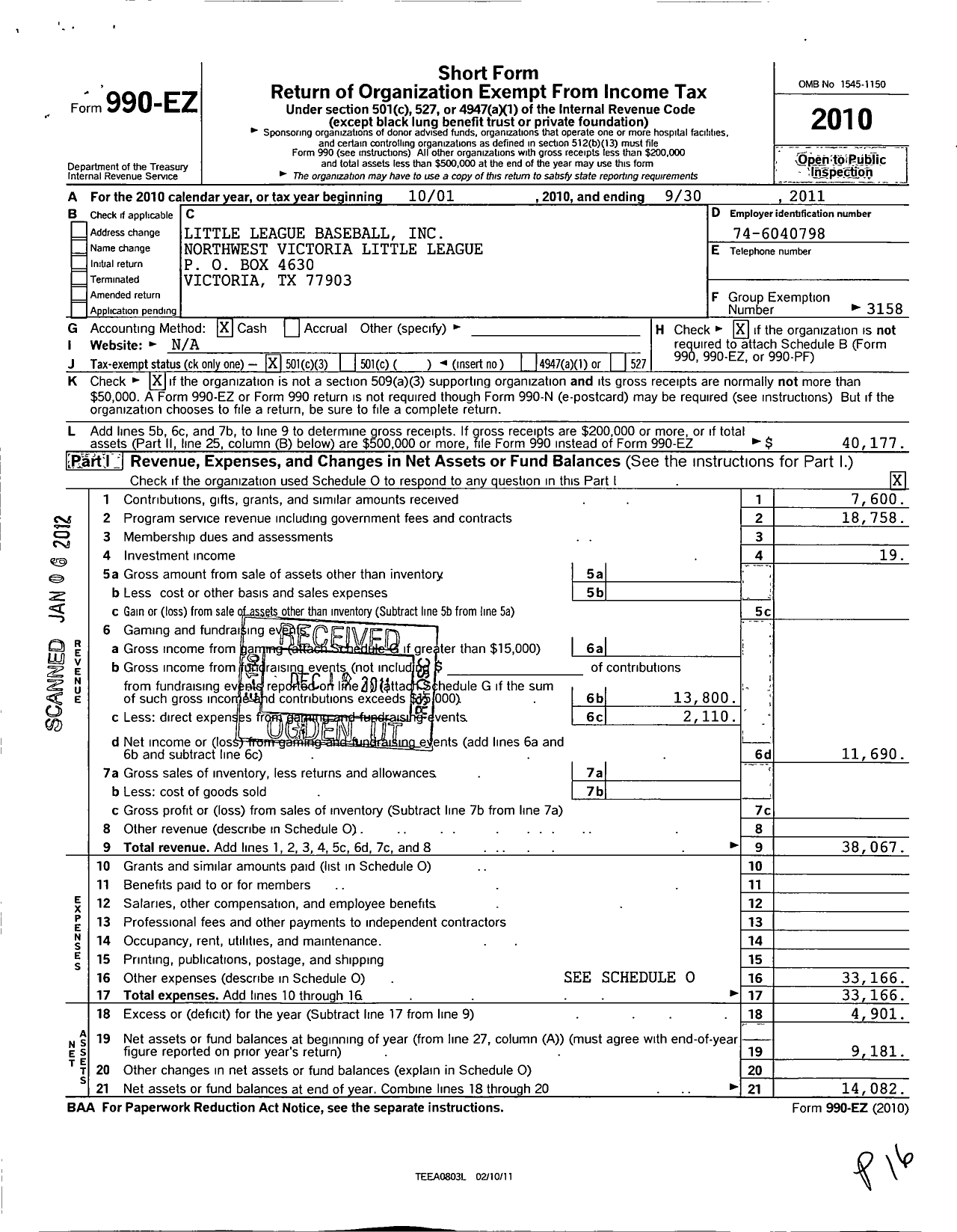 Image of first page of 2010 Form 990EZ for Little League Baseball - 3432708 Northwest Victoria LL