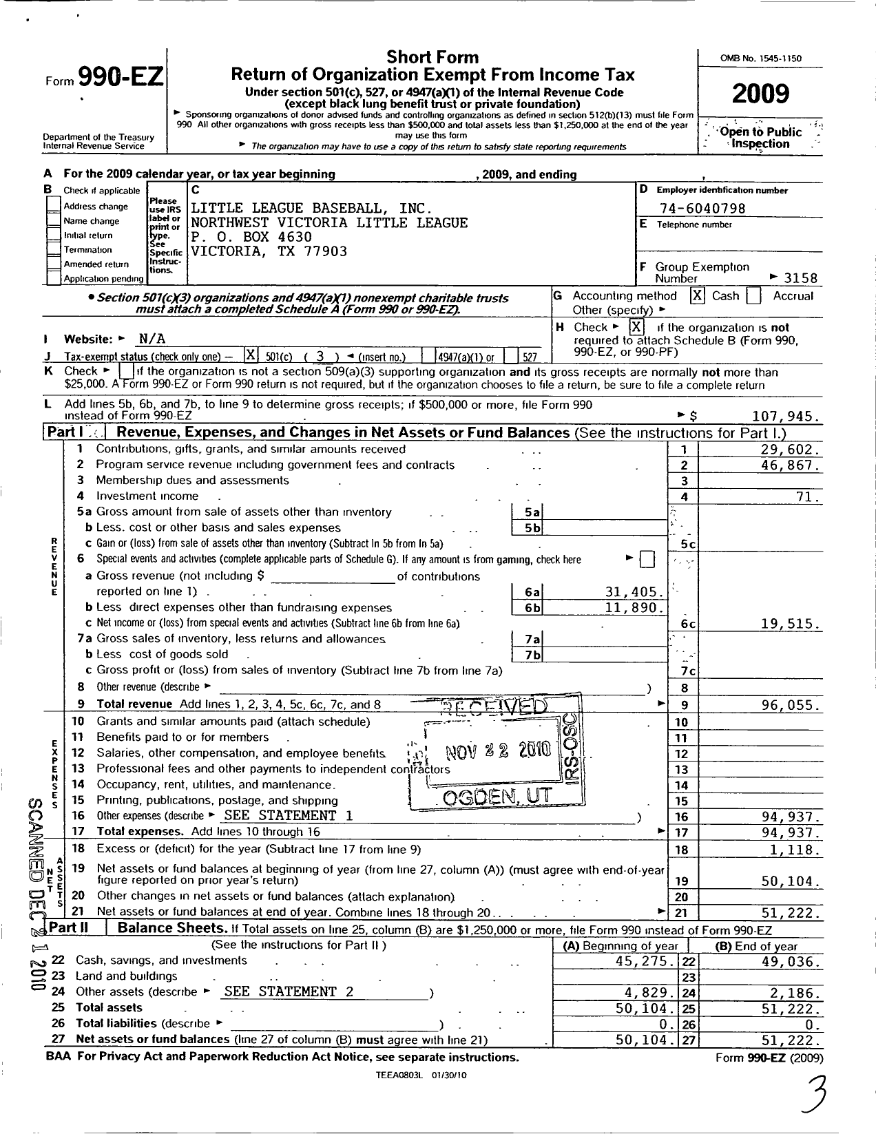 Image of first page of 2009 Form 990EZ for Little League Baseball - 3432708 Northwest Victoria LL