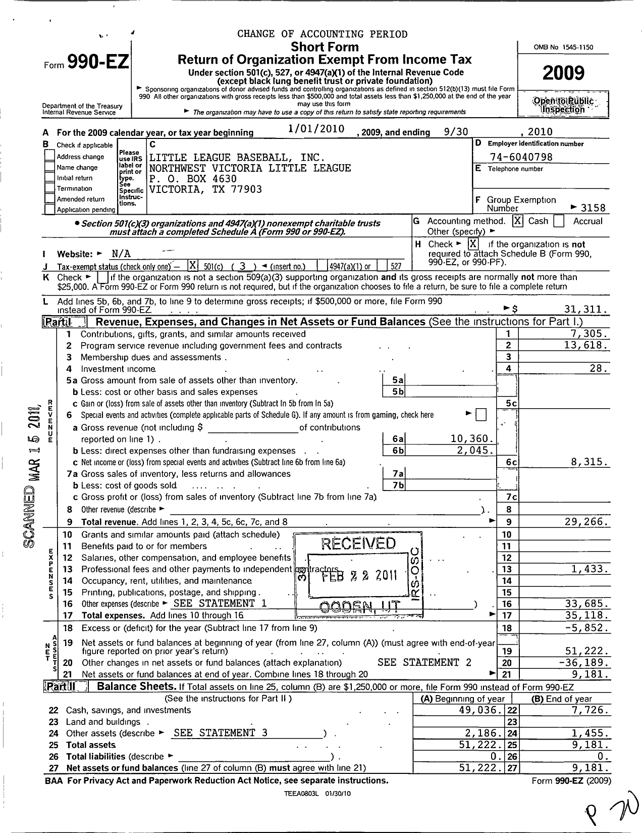 Image of first page of 2009 Form 990EZ for Little League Baseball - 3432708 Northwest Victoria LL