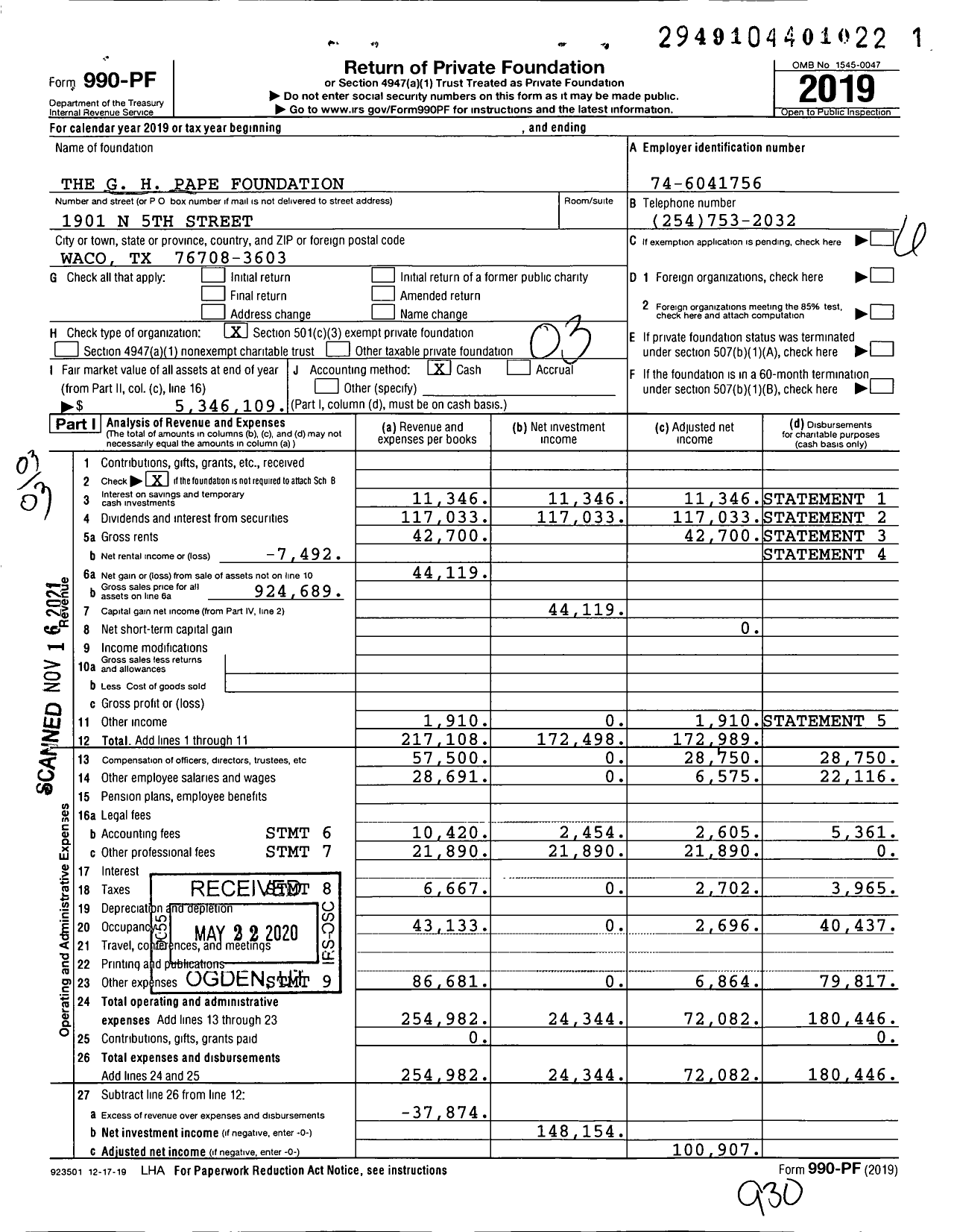 Image of first page of 2019 Form 990PF for The G H Pape Foundation