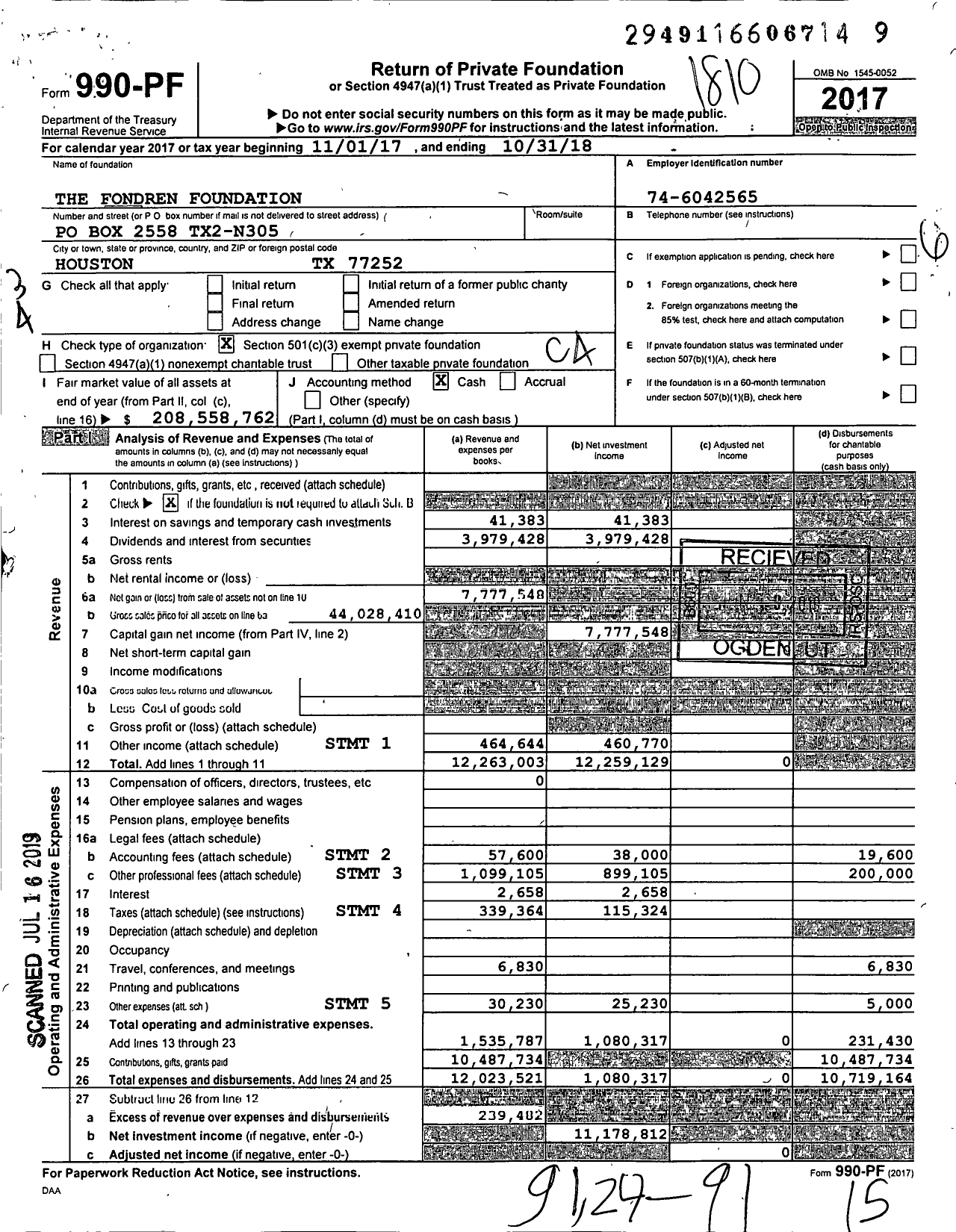 Image of first page of 2017 Form 990PF for The Fondren Foundation
