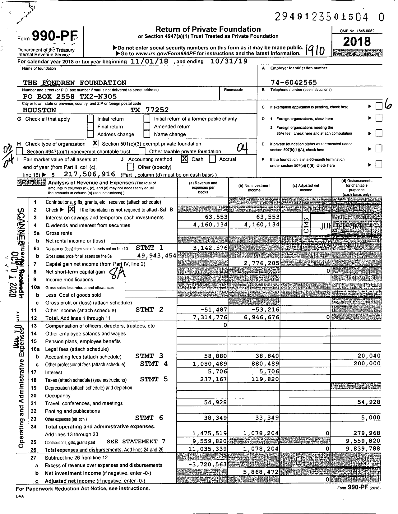 Image of first page of 2018 Form 990PR for The Fondren Foundation