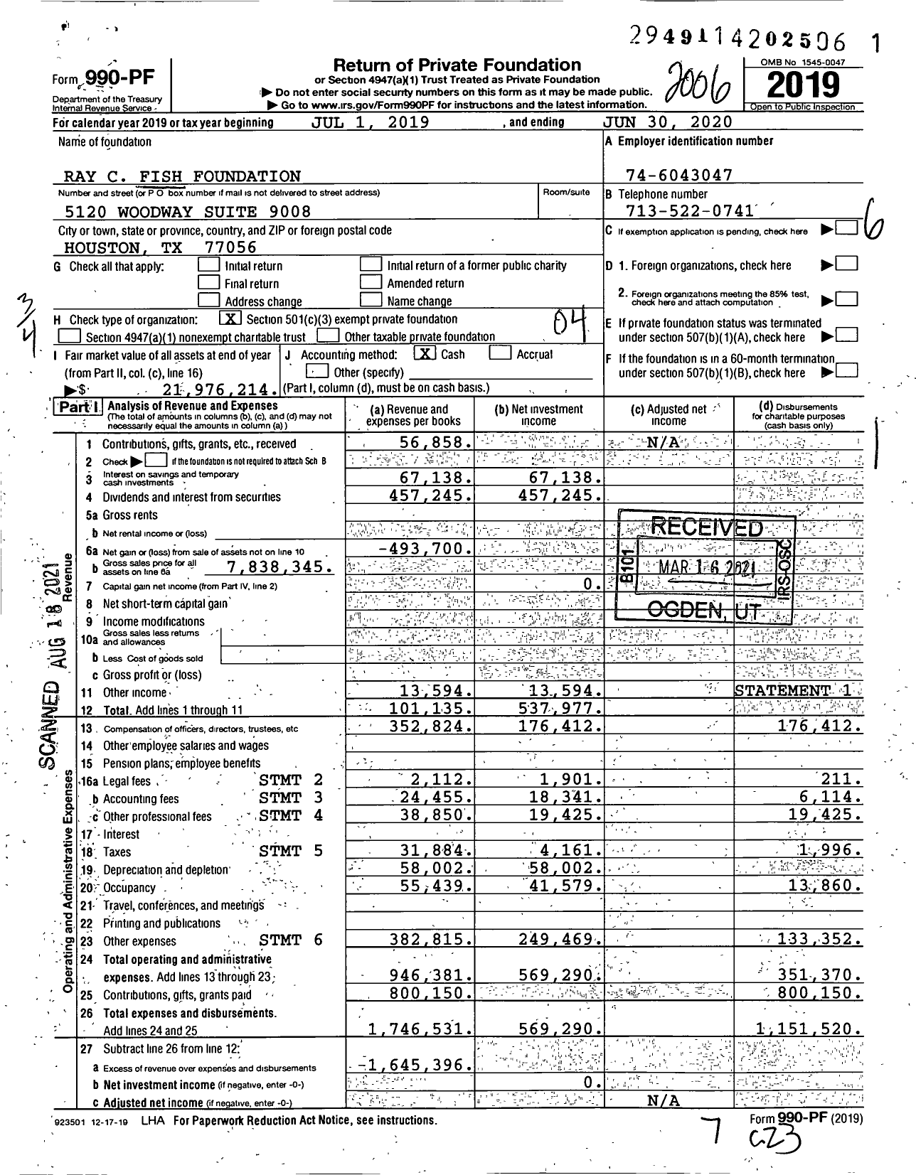 Image of first page of 2019 Form 990PF for Ray C. Fish Foundation