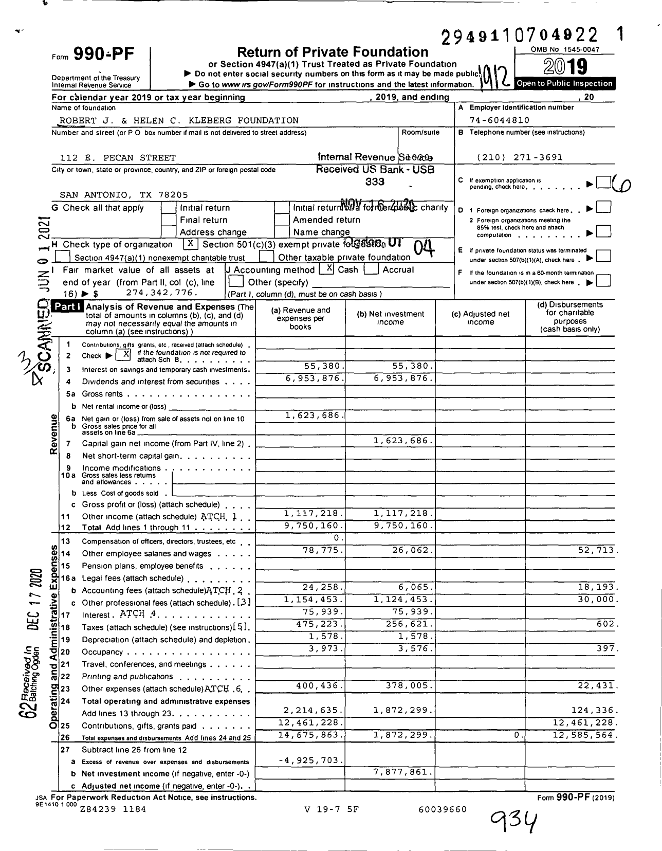 Image of first page of 2019 Form 990PF for Robert J and Helen C Kleberg Foundation