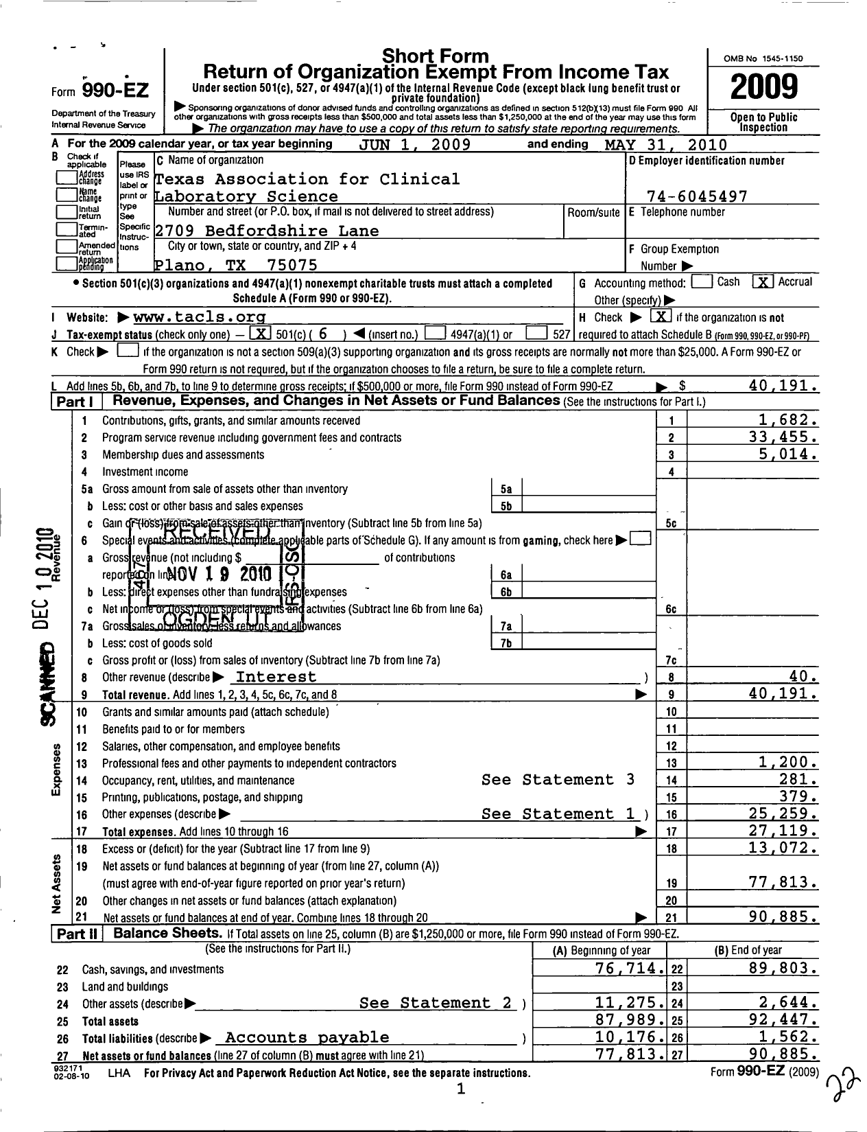 Image of first page of 2009 Form 990EO for American Society for Clinical Laboratory Science / Texas Association for Clinical Lab