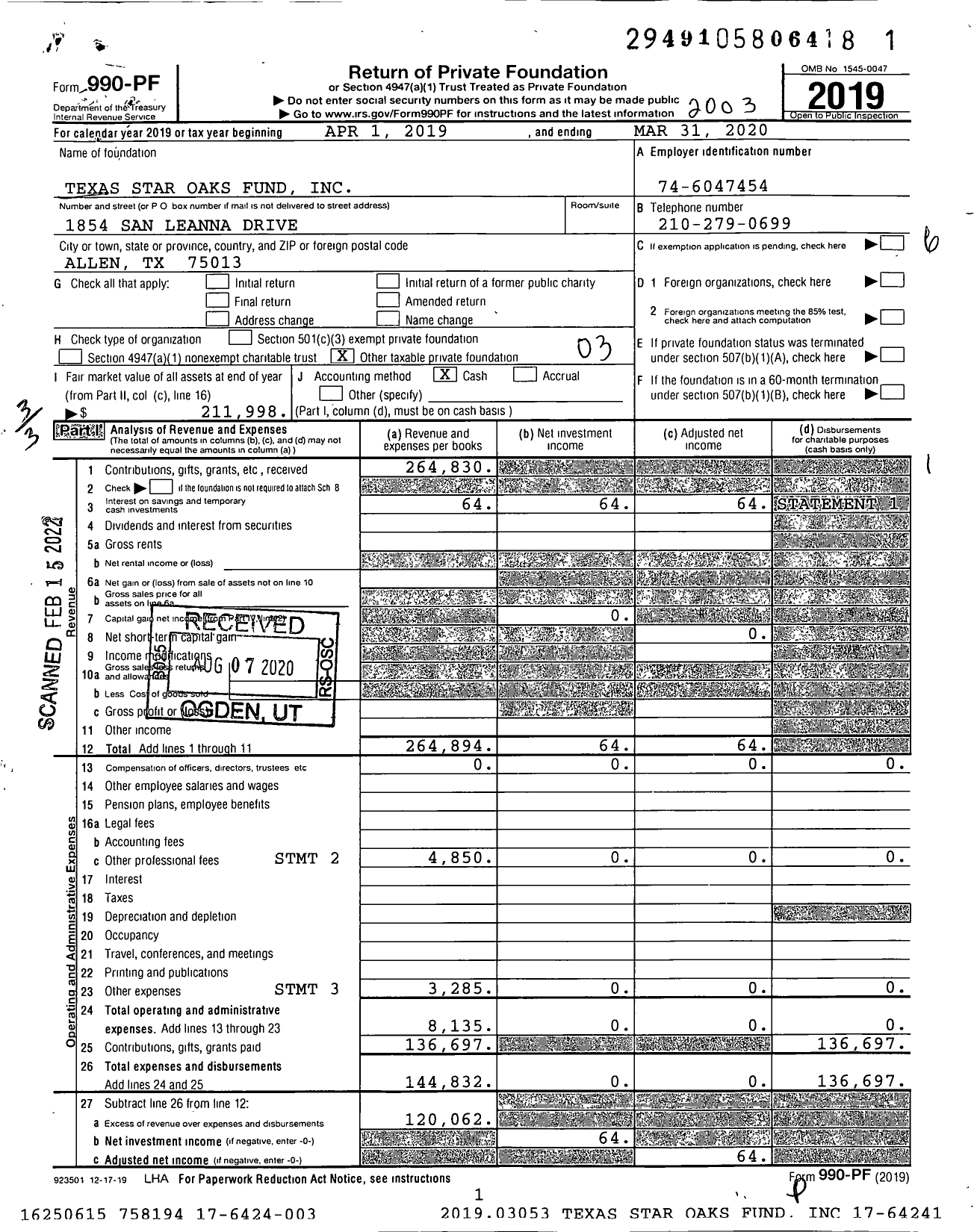 Image of first page of 2019 Form 990PF for Texas Star Oaks Fund