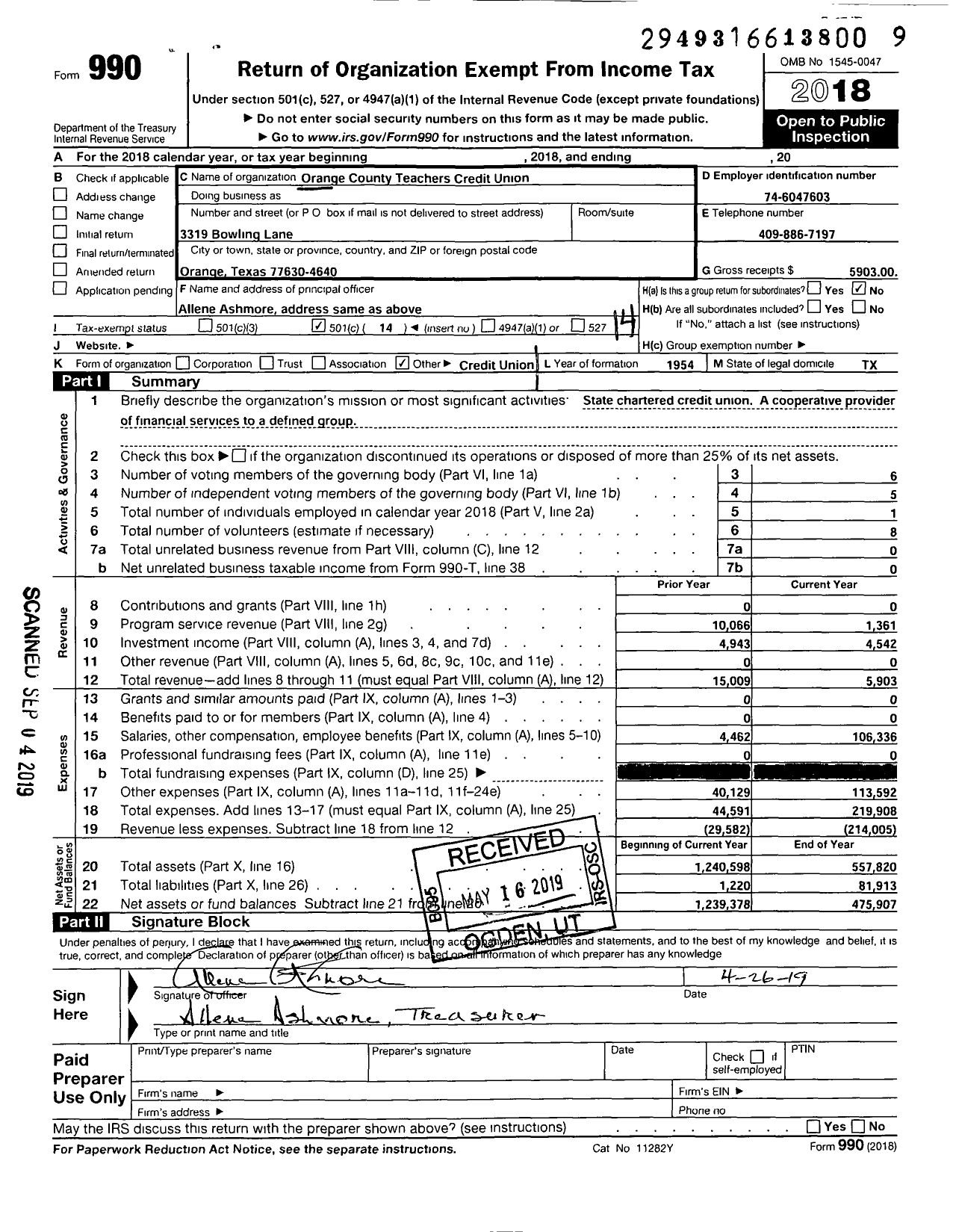 Image of first page of 2018 Form 990O for Orange County Teachers Credit Union