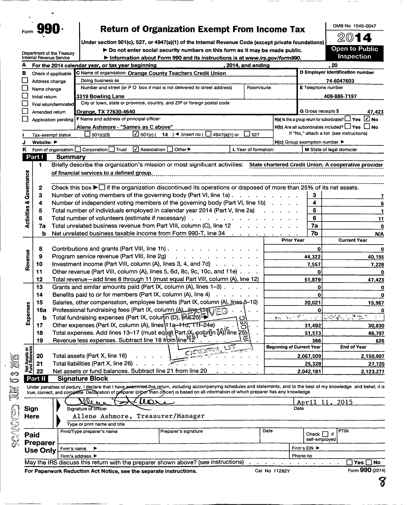 Image of first page of 2014 Form 990O for Orange County Teachers Credit Union