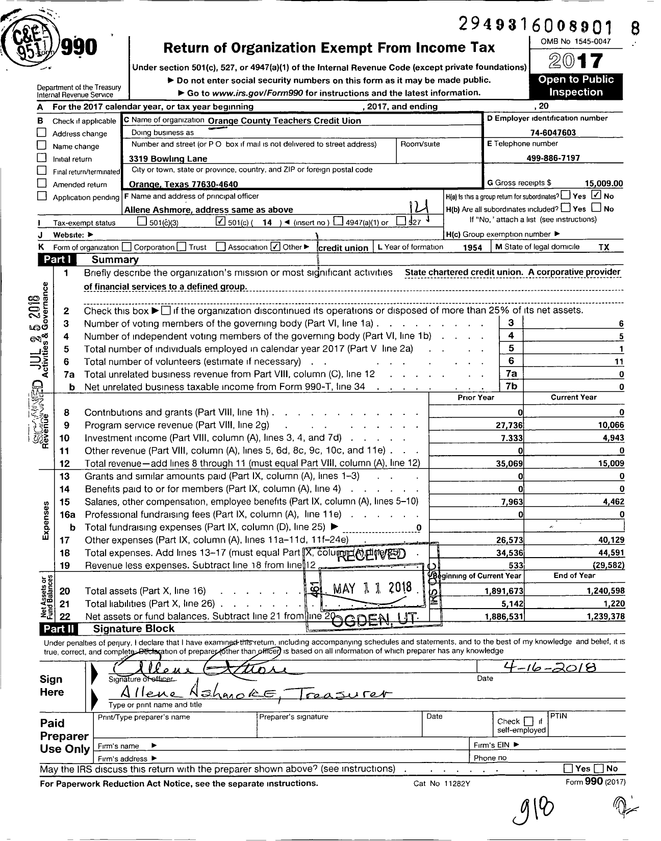 Image of first page of 2017 Form 990O for Orange County Teachers Credit Union