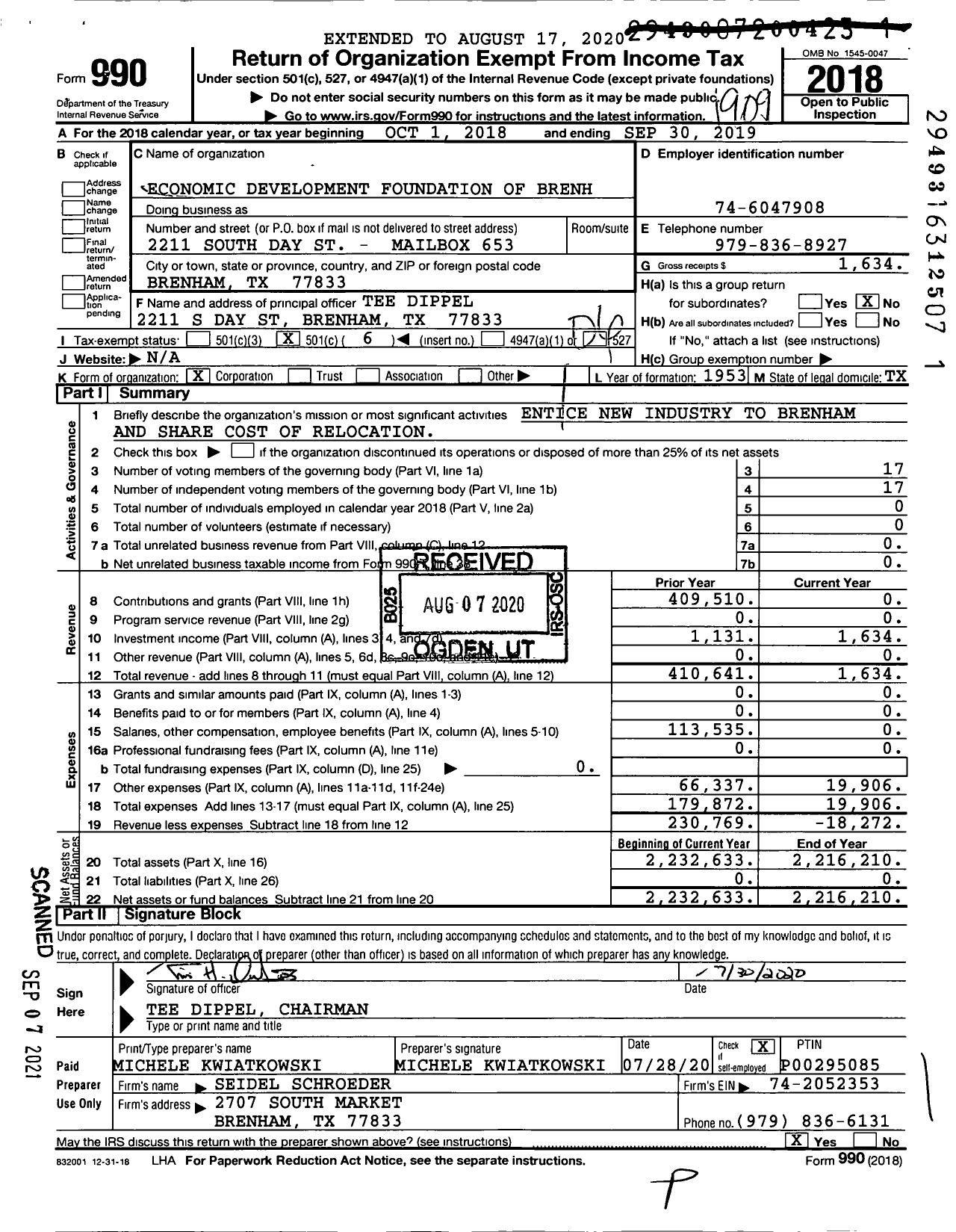 Image of first page of 2018 Form 990O for Economic Development Foundation of Brenham