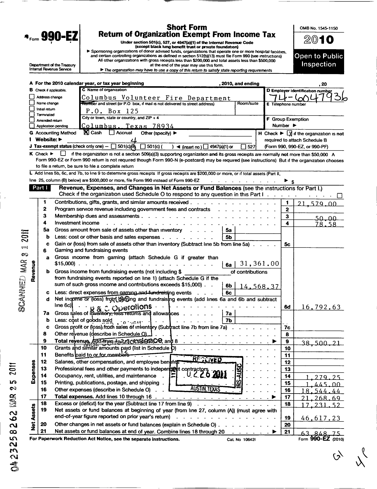 Image of first page of 2010 Form 990EO for Columbus Volunteer Fire Department