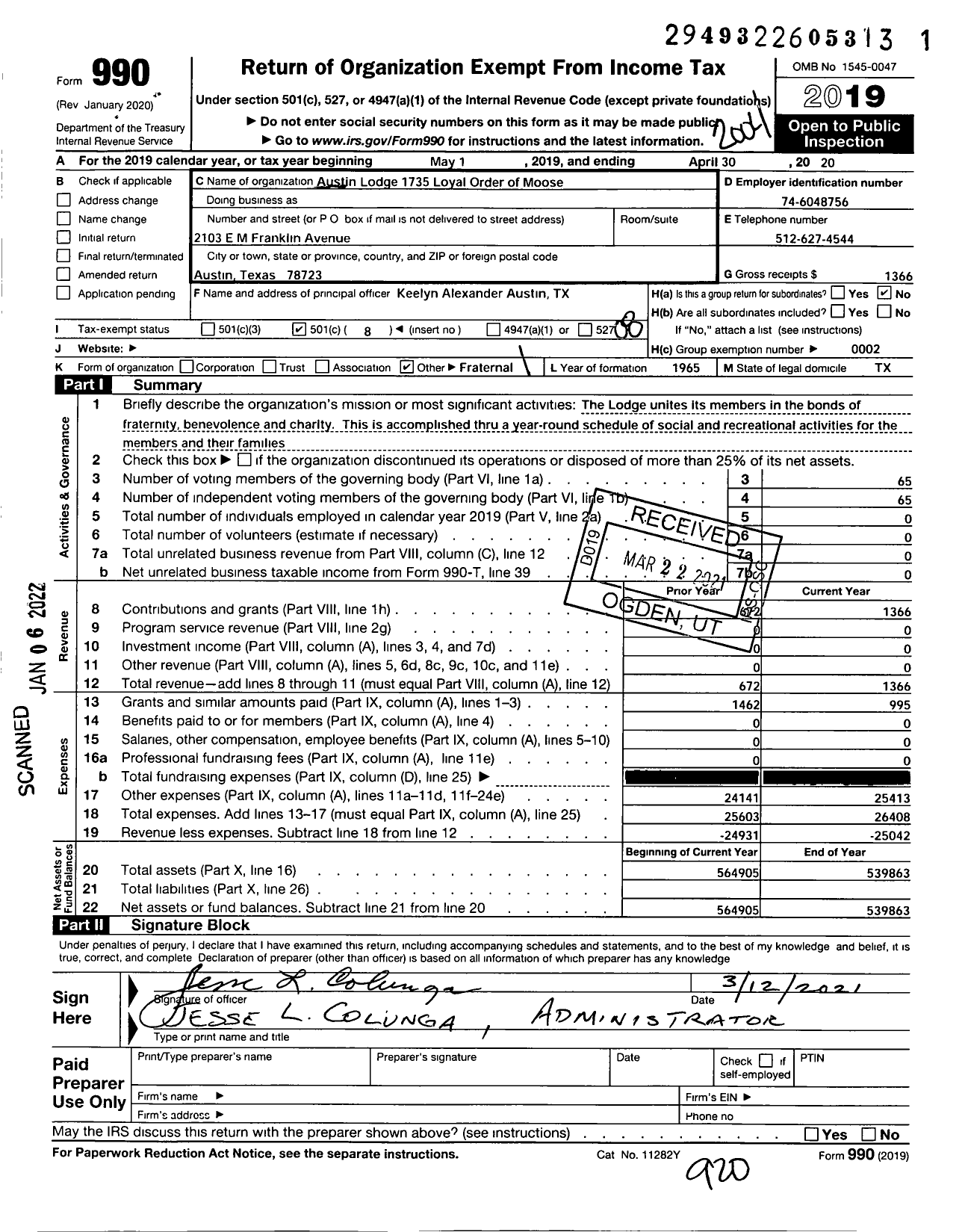 Image of first page of 2019 Form 990O for Austin Lodge 1735 Loyal Order of Moose