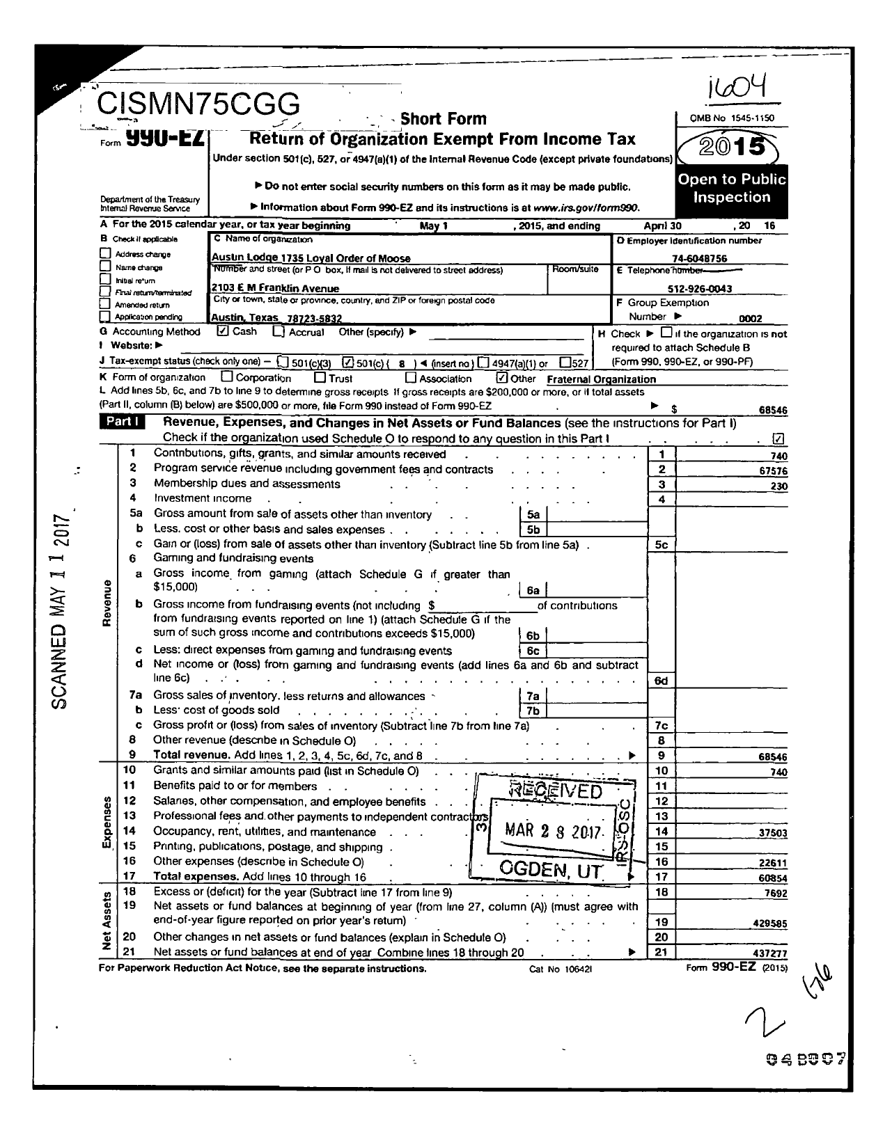 Image of first page of 2015 Form 990EO for Austin Lodge 1735 Loyal Order of Moose