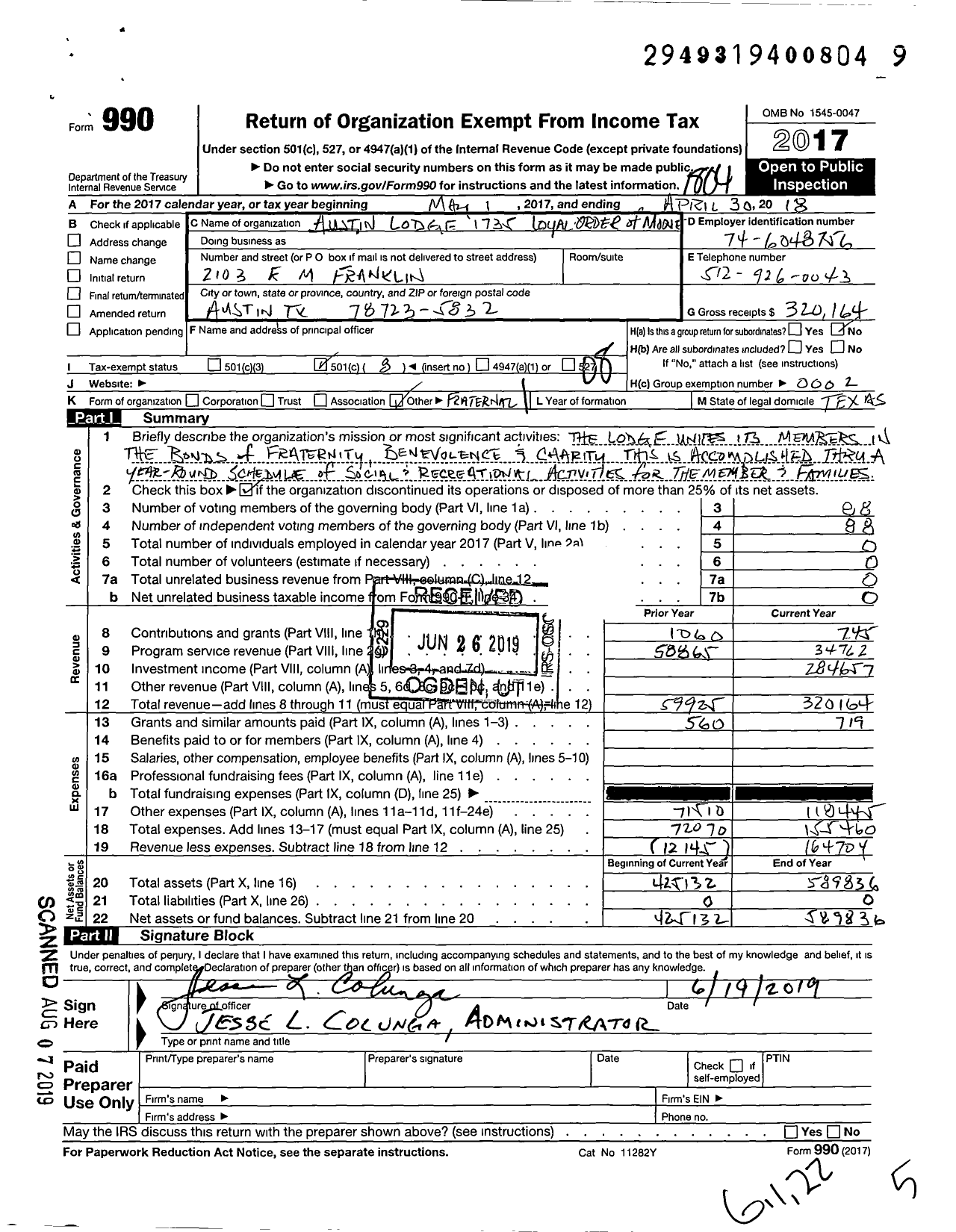 Image of first page of 2017 Form 990O for Austin Lodge 1735 Loyal Order of Moose