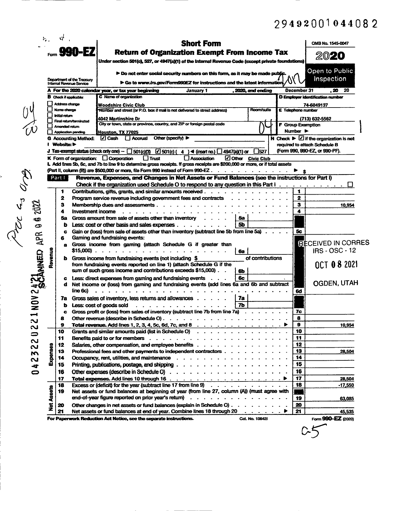 Image of first page of 2020 Form 990EO for Woodshire Civic Club