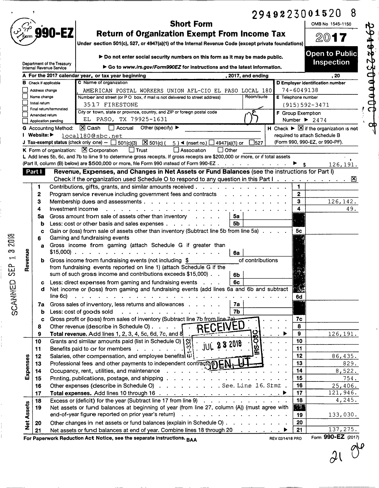 Image of first page of 2017 Form 990EO for American Postal Workers Union - 180 El Paso Area Local